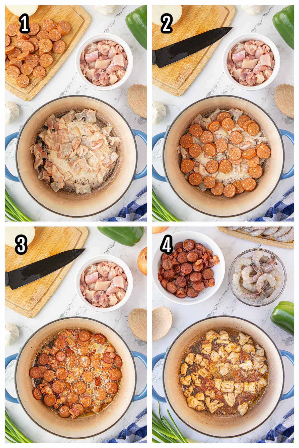 Collage of first four steps to making the Jambalaya recipe with shrimp, chicken, and smoked sausage. 