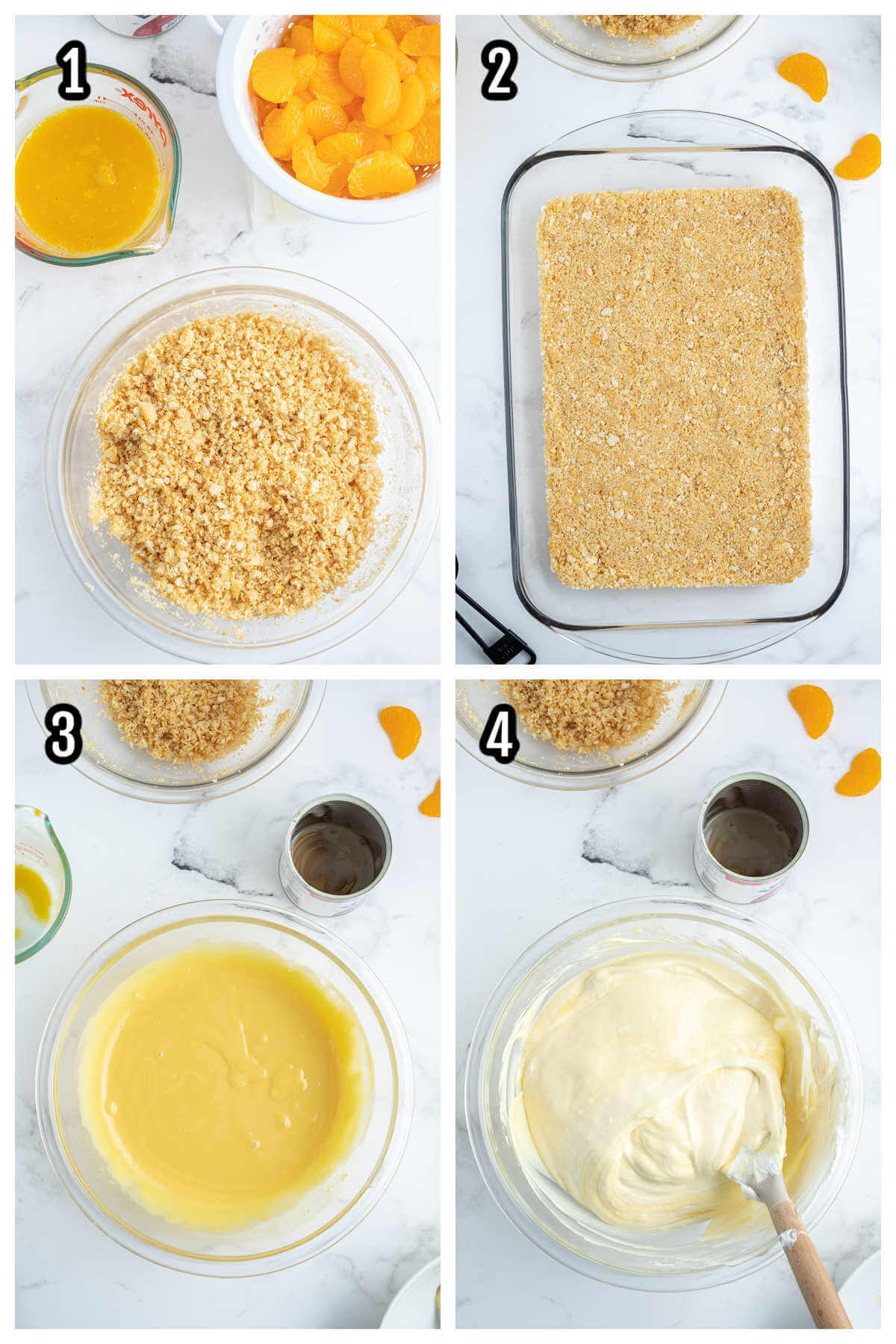 Collage of the first four steps to making the Mandarin Orange Salad with Whipped Cream. 