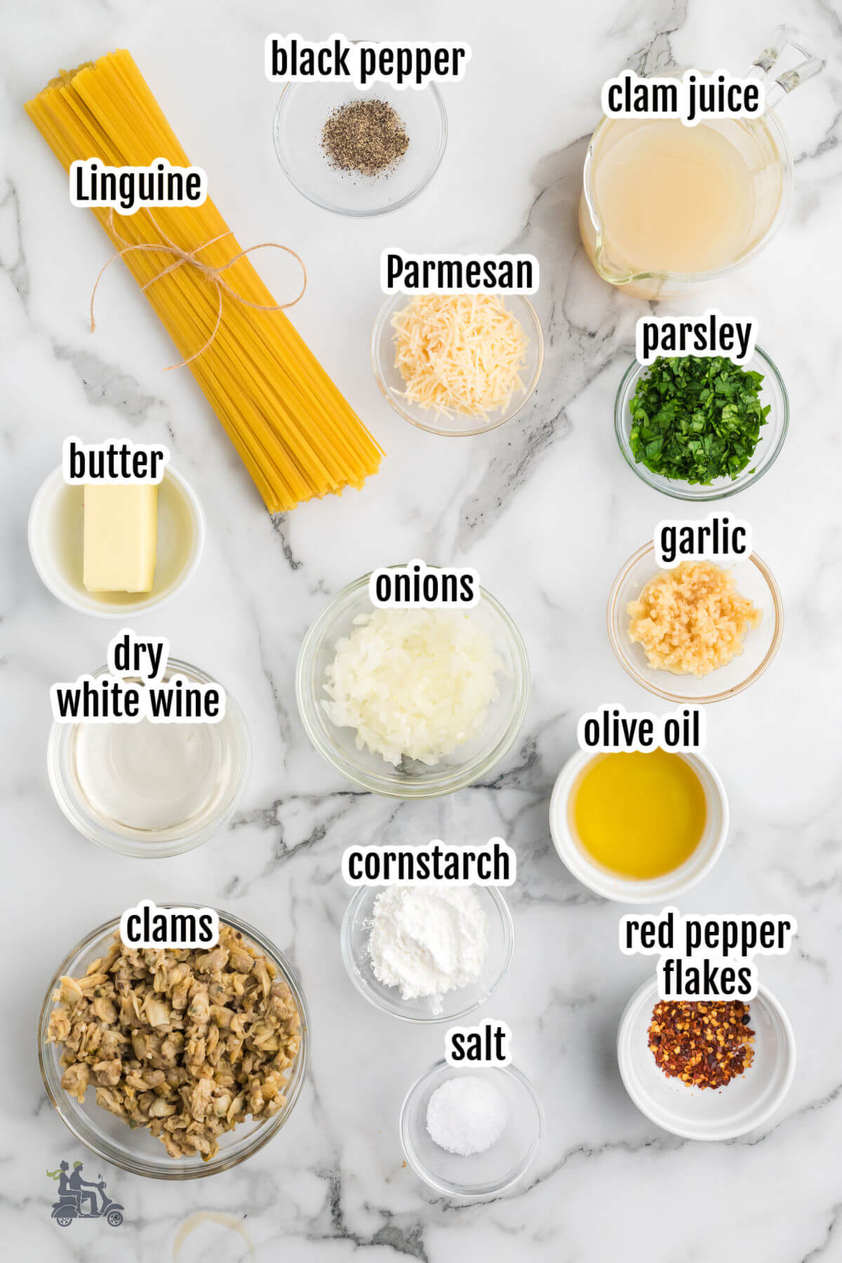 Ingredients needed to make the white wine clam sauce with linguine recipe. 