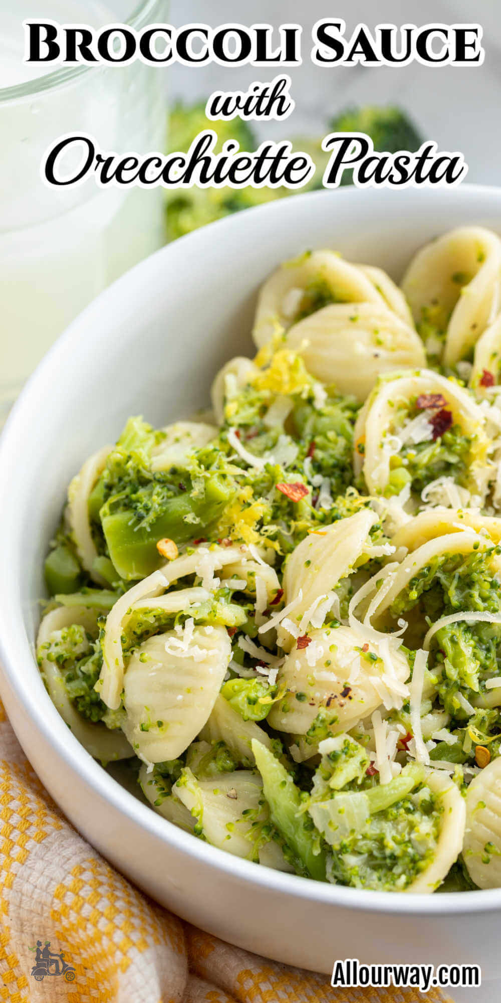 Pinterest image with title overlay of the Broccoli Pasta Sauce Recipe in a bowl.