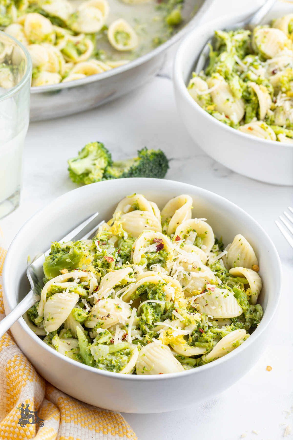 Lemon Broccoli Pasta and Bowls with a sprinkle of grated Pecorino cheese on top. 