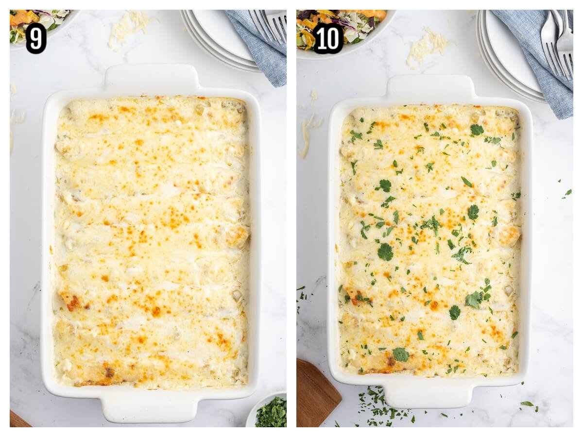Collage of the last two steps to assembling and baking the white chicken enchilada recipe. 