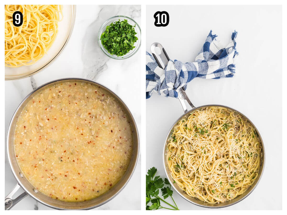 Collage of steps nine and ten for completing the pasta with white wine clam sauce. 