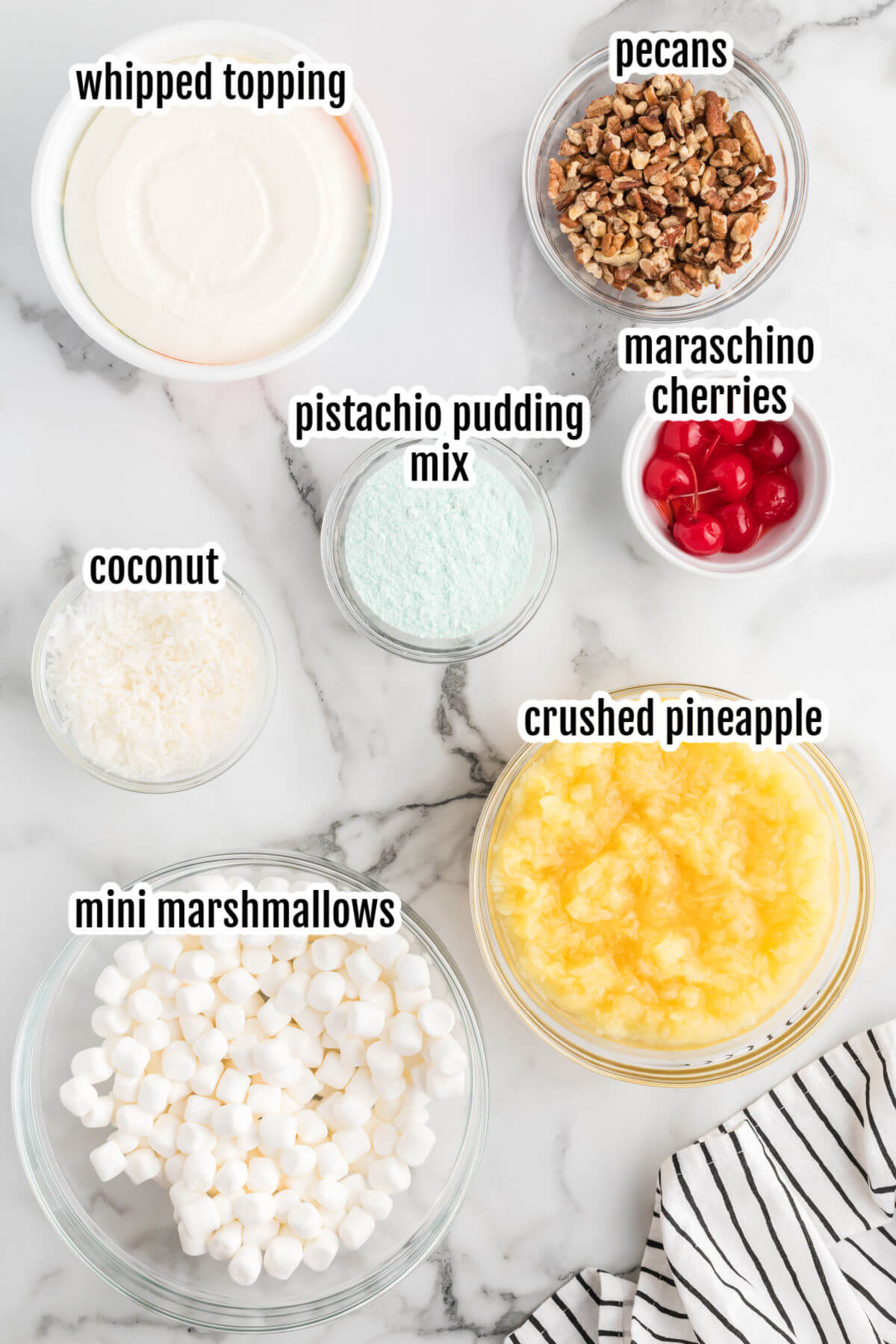 Image of the ingredients needed to make the Watergate salad. 