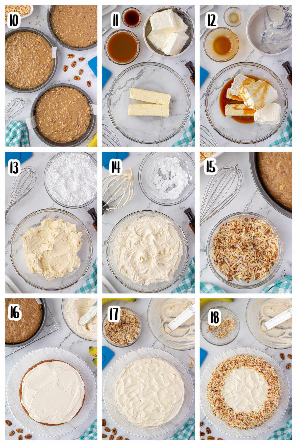 Steps 10 to 18 for frosting and decorating the recipe for Hummingbird cake.