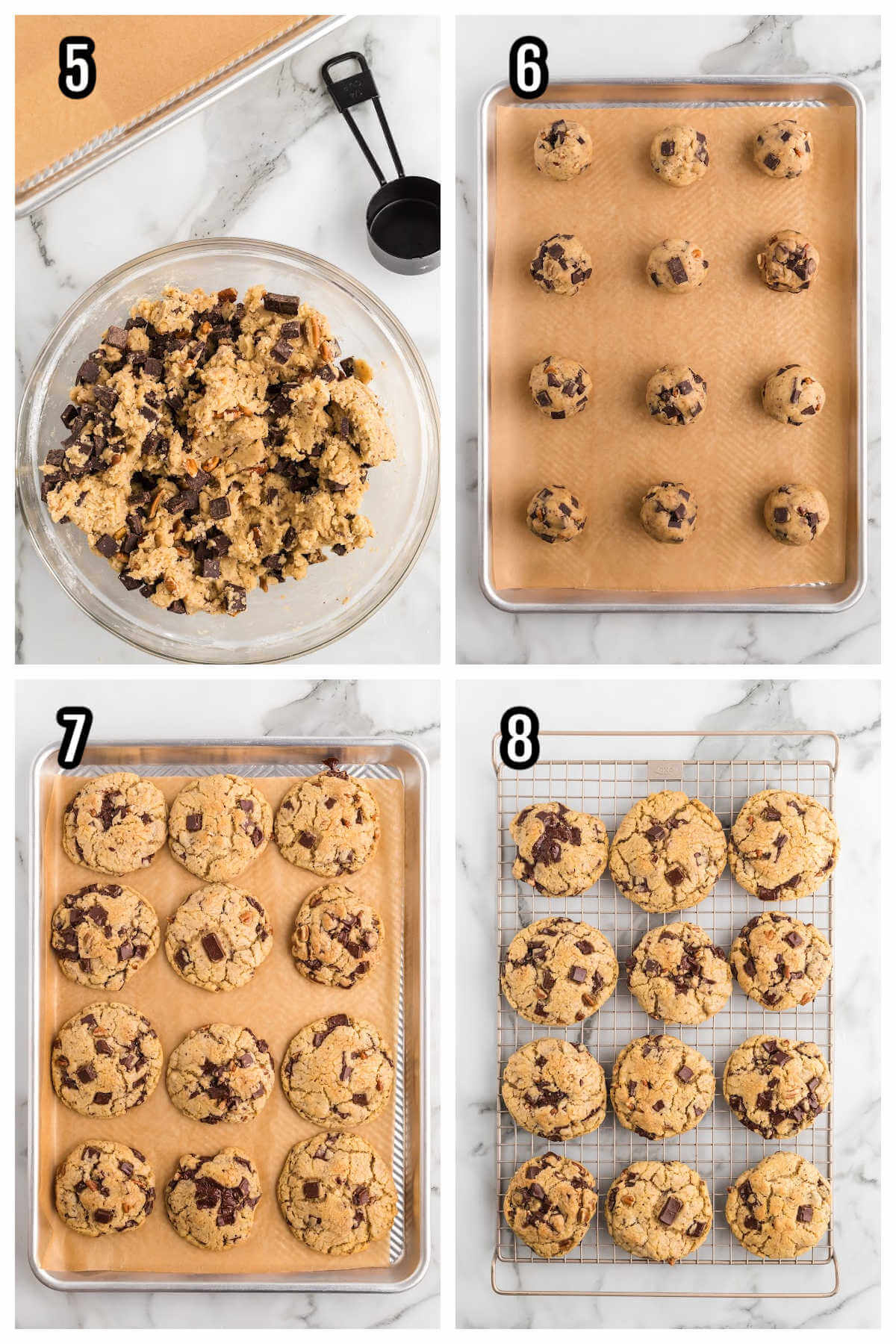Collage of steps five through eight to shaping and baking the coffee chocolate chunk cookies. 