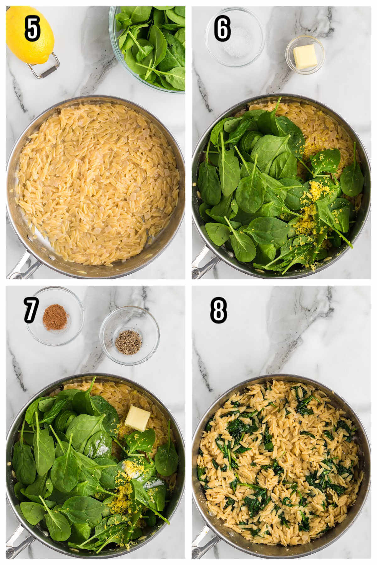 Collage of the second set of four steps to making the spinach lemon orzo pasta recipe. 