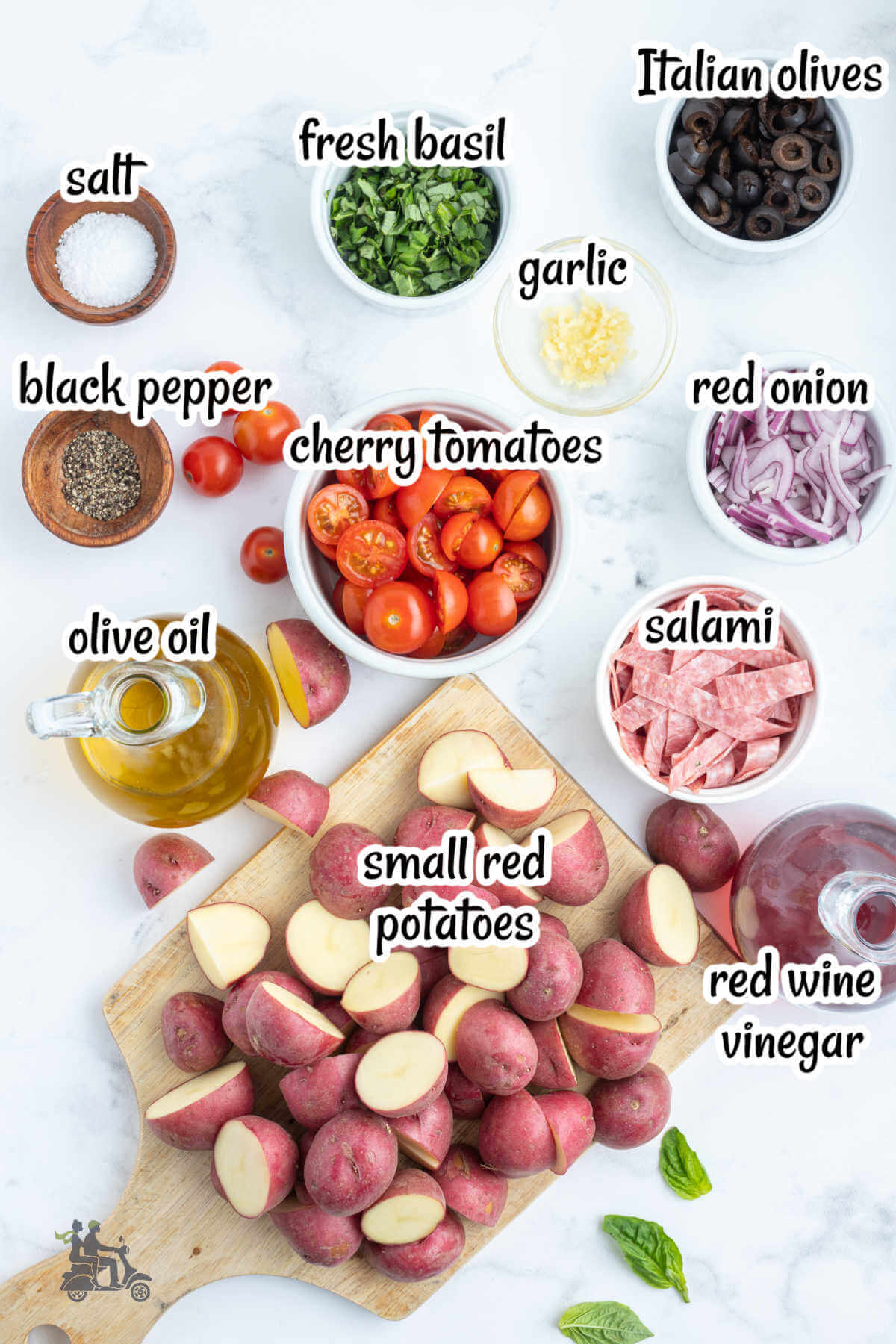 Image of the ingredients needed to make the Antipasto Potato Salad. 