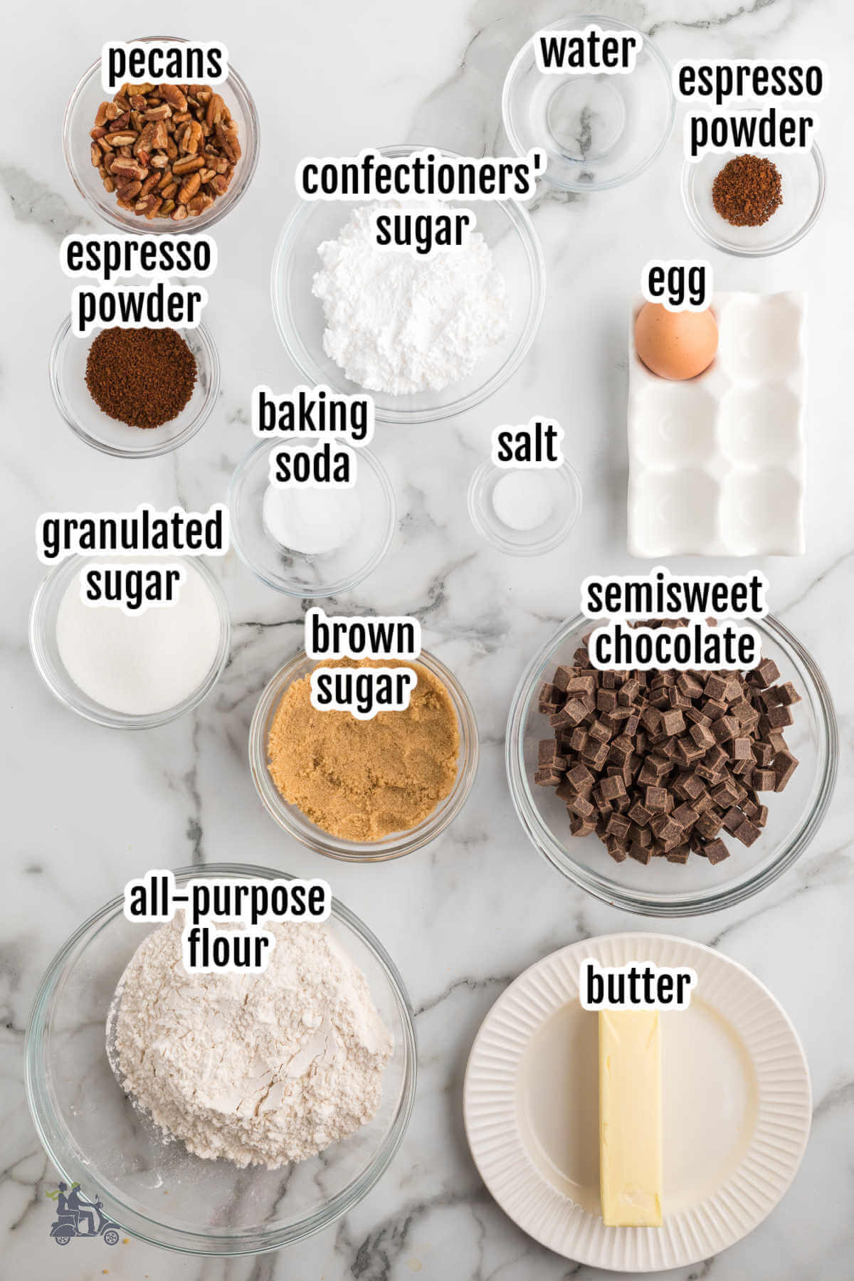 Image of the ingredients necessary for making the Espresso Coffee Cookies. 