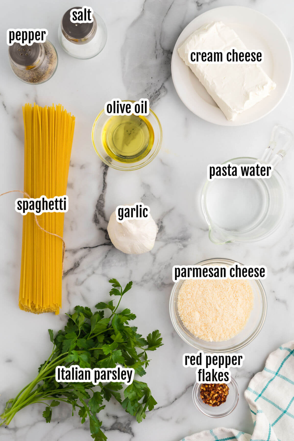 Image of the ingredients needed to making the Pasta with Cream Cheese sauce. 