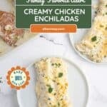 A Pinterest pin with a title overlay for the family favorite chicken enchilada recipe.
