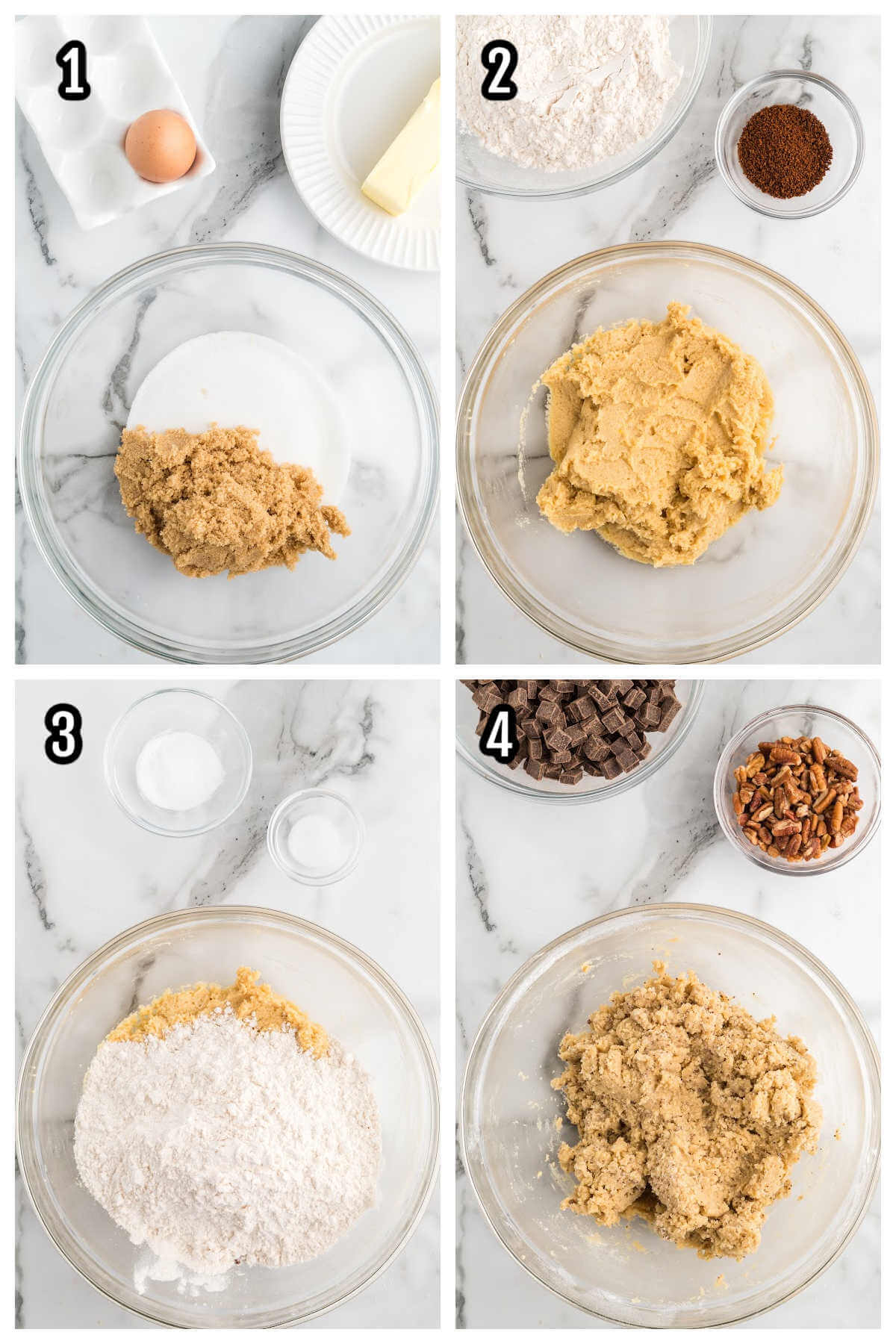 Collage of the first four steps to making the espresso cookies with coffee sugar drizzle on top. 