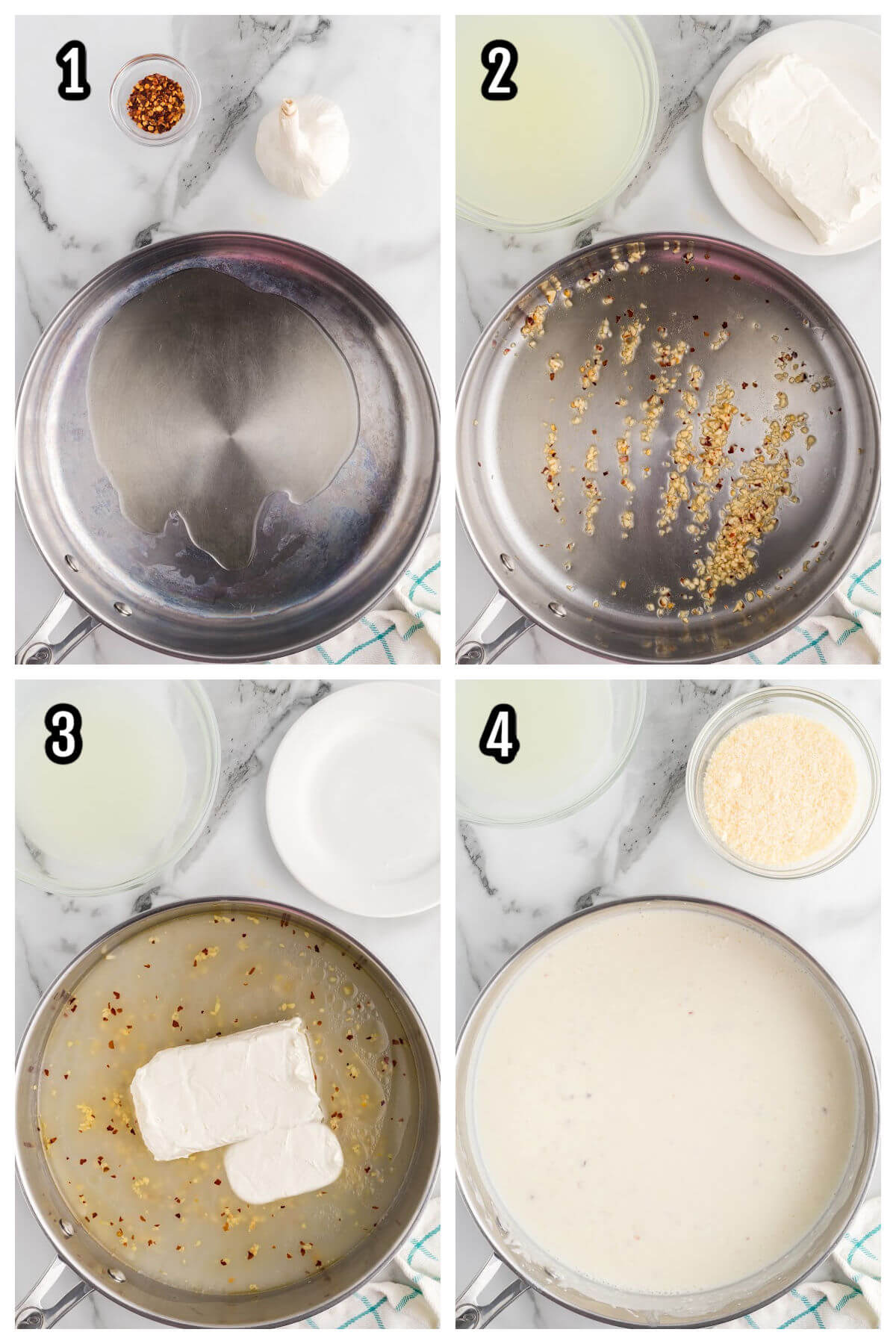 Collage of the first four steps to cooking the cream cheese sauce for the cooked pasta. 