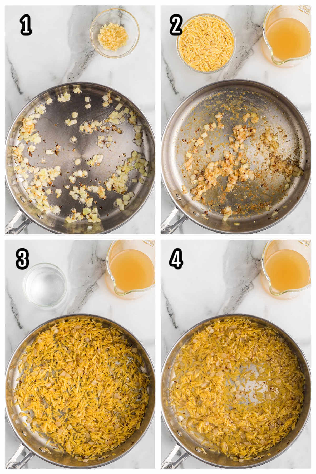 Collage of first set of four steps to making the orzo pasta risotto with lemon and spinach. 