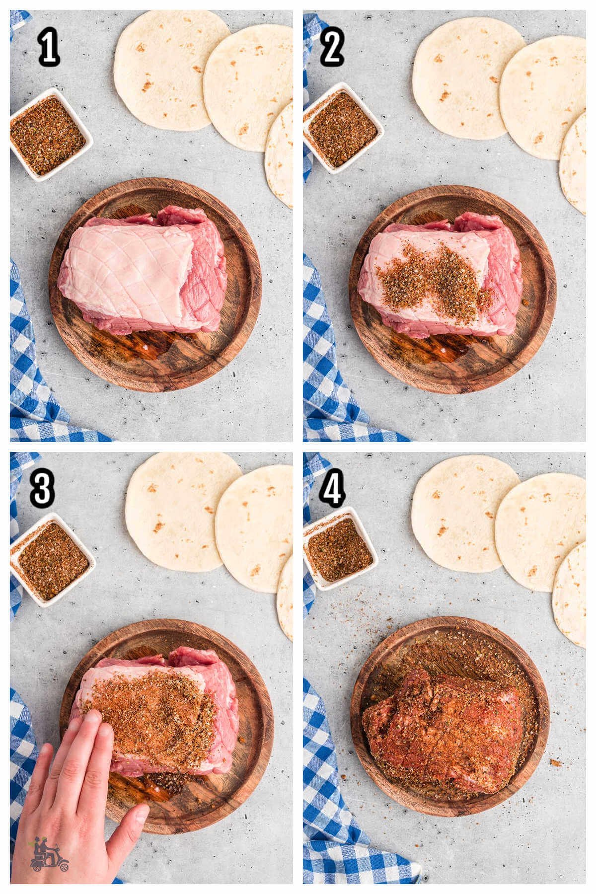 Collage of the first four steps to making the Smoked Pork Tacos recipe. 