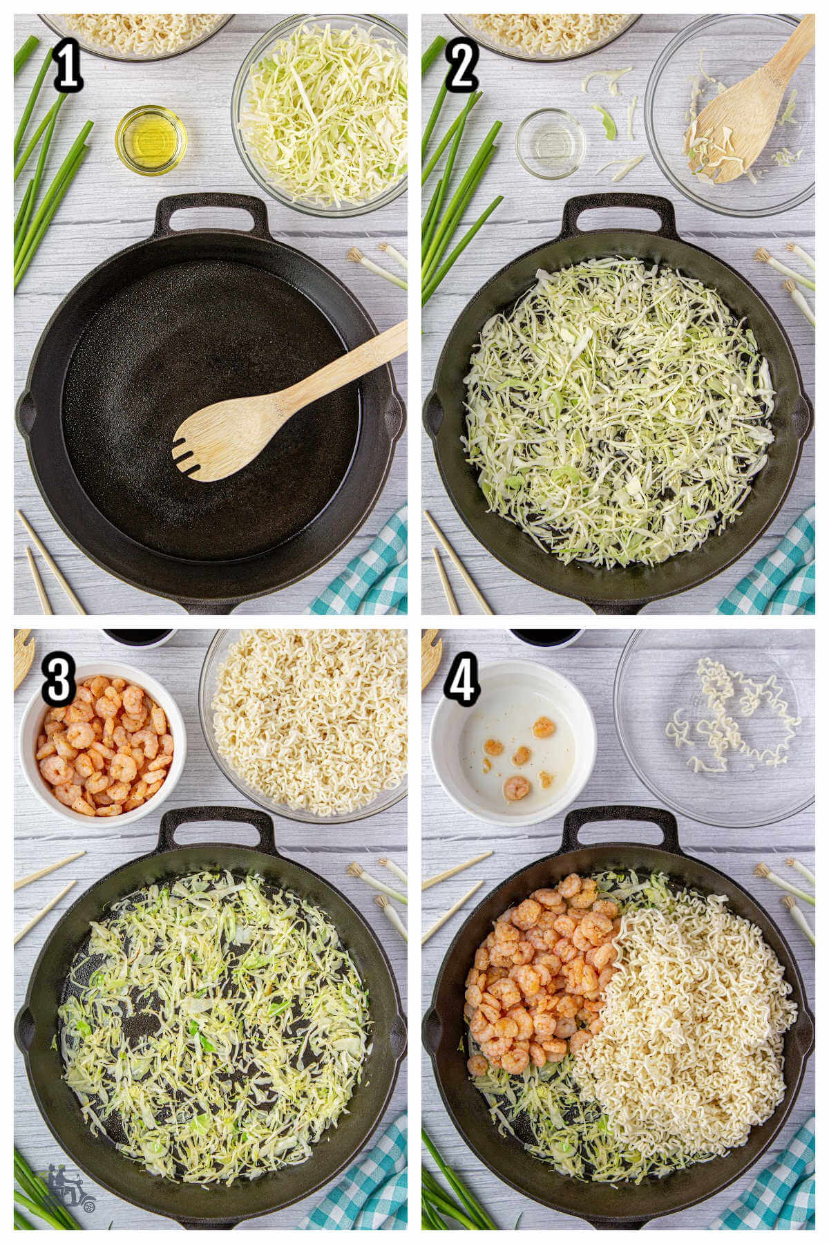 Collage of the first four steps to making the Shrimp with Teriyaki Noodles. 