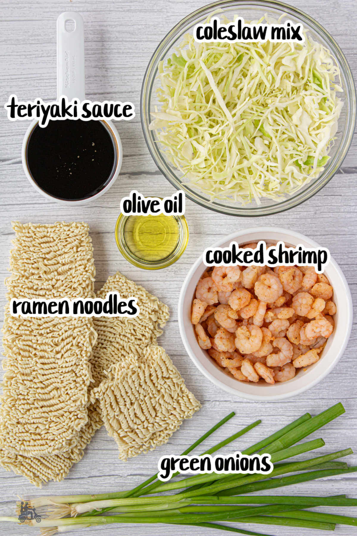 Image of the ingredients needed to make the easy teriyaki noodles with shrimp recipe. 
