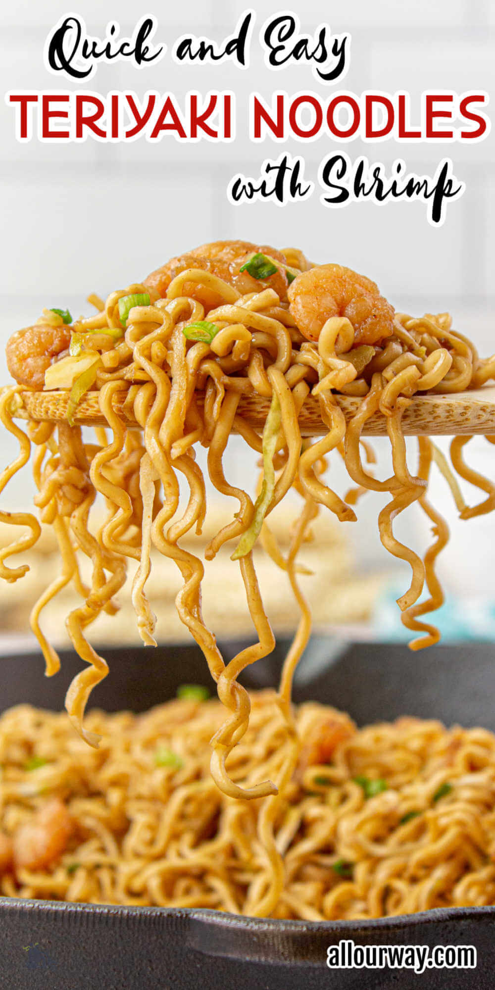 Pinterest image with title overlay of ramen noodles made teriyaki style with shrimp added.