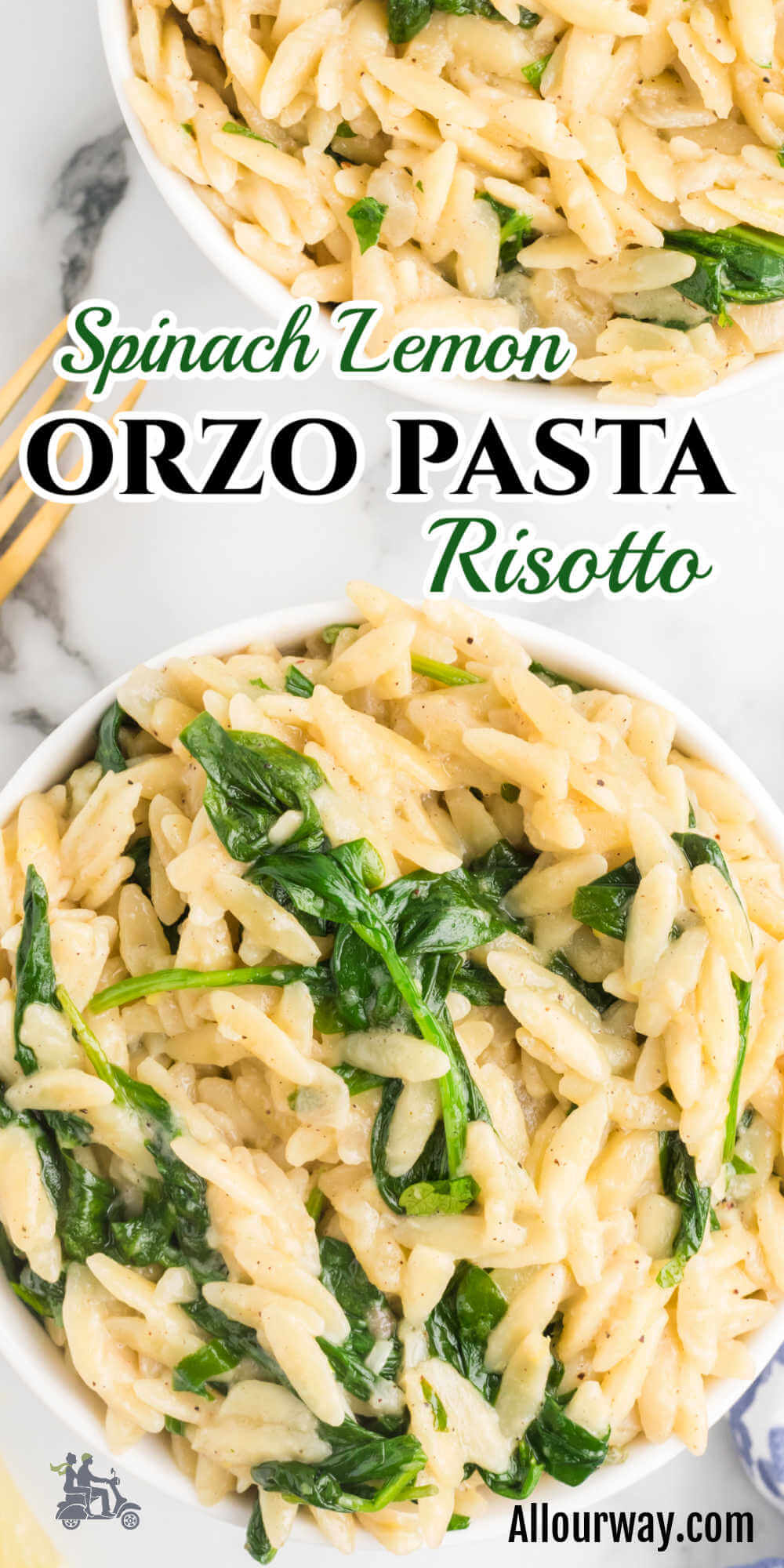 Pinterest image with title overlay for Orzo Pasta with Spinach and Lemon risotto.