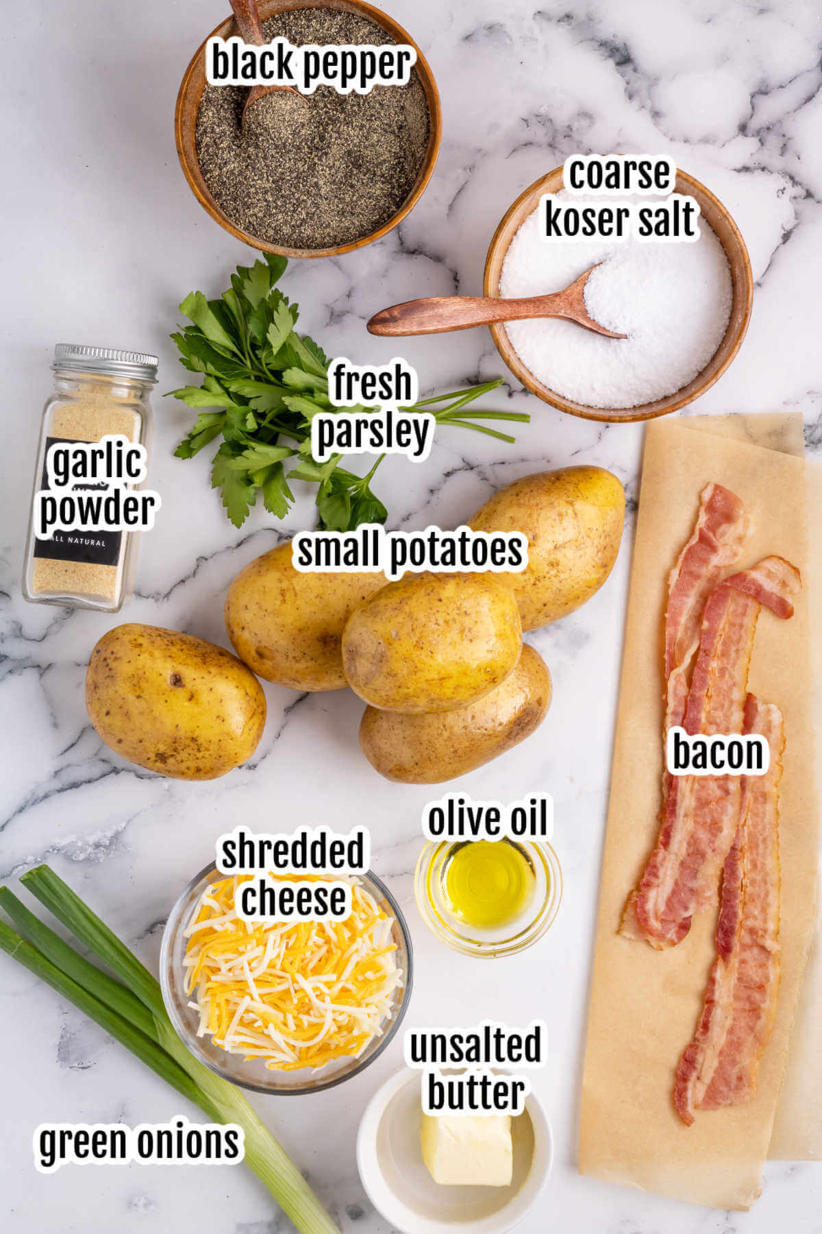 Image of the ingredients needed for making the Baked Potato Skins Appetizer.
