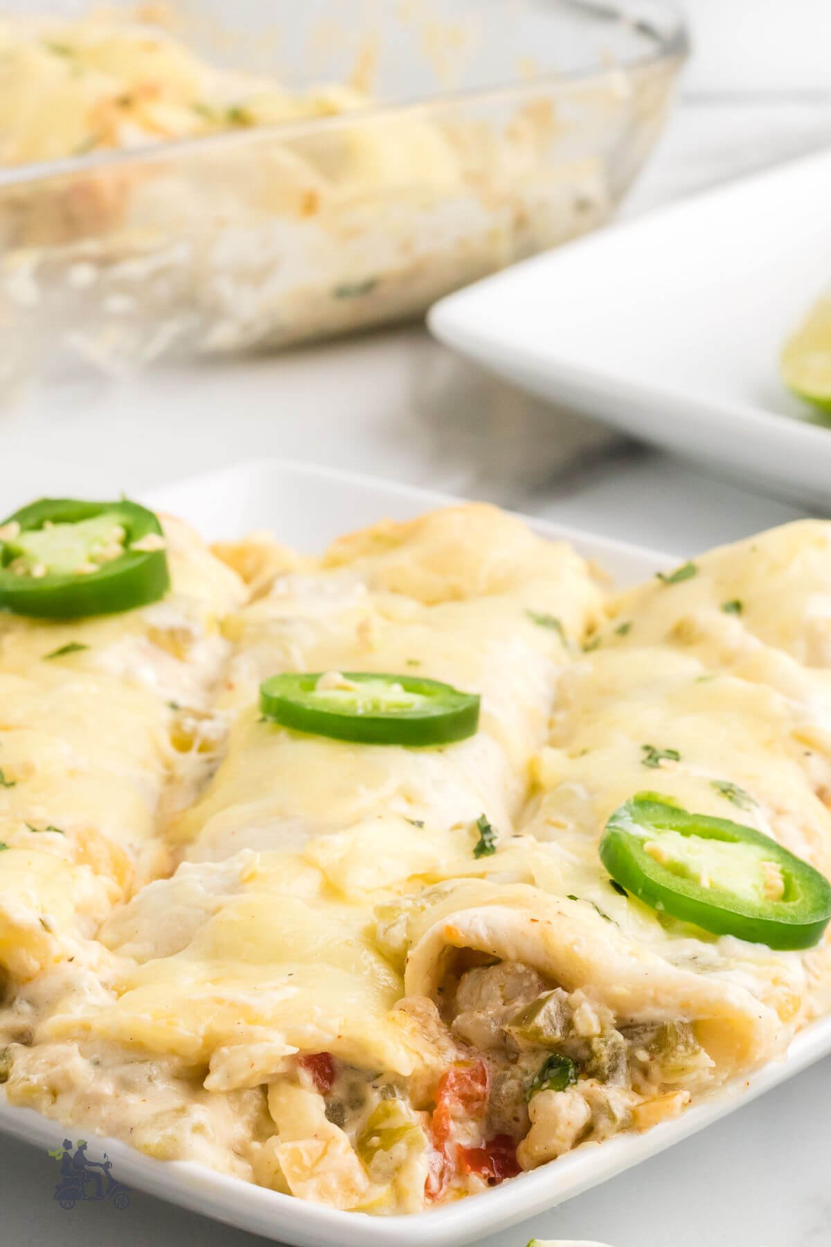 Mexican flavored shrimp enchiladas with a chili flavored white sauce. 