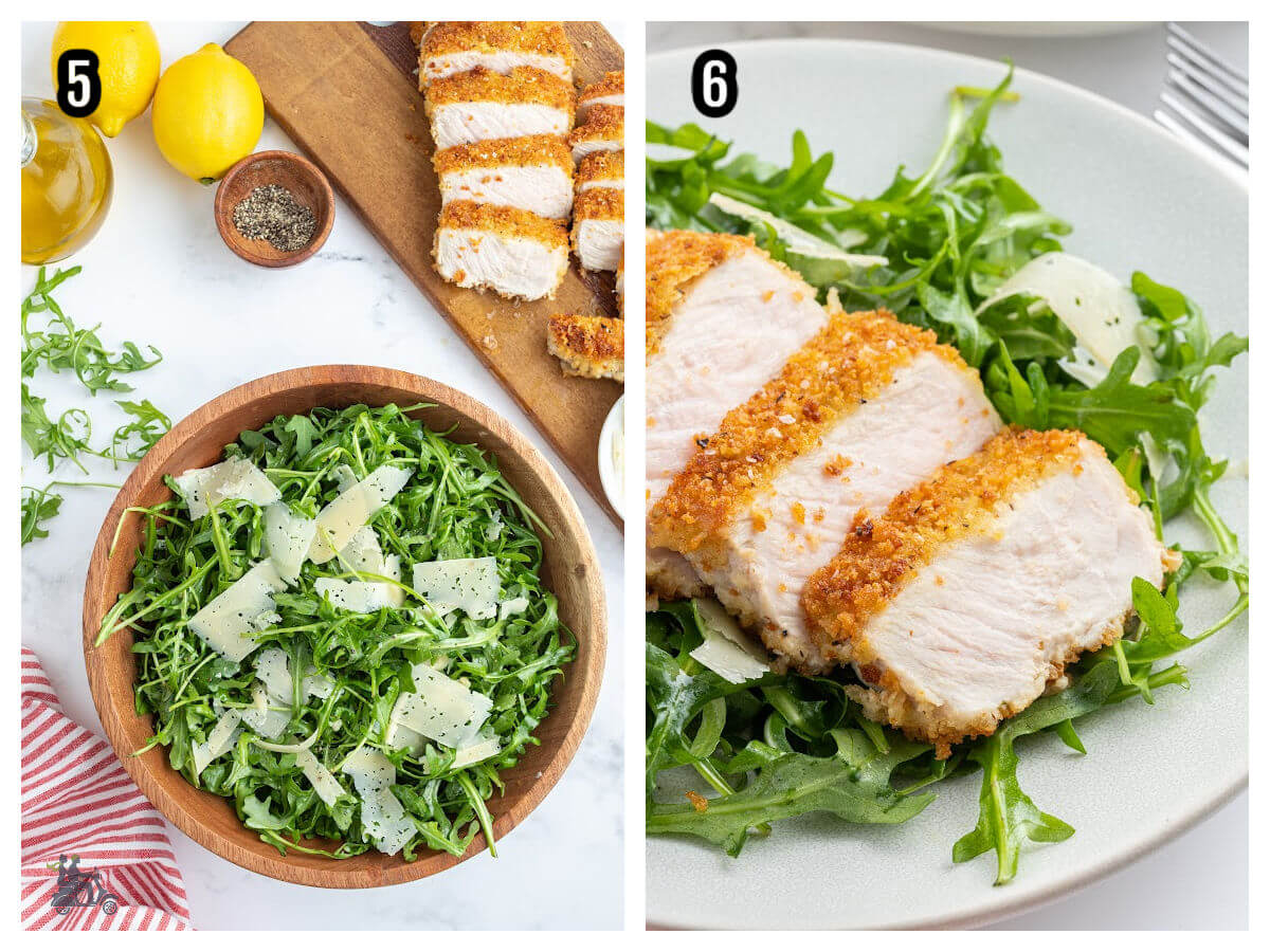 Collage of last two steps to making the Panko breaded pork loin chops and the baby arugula with parmesan cheese and lemon. 