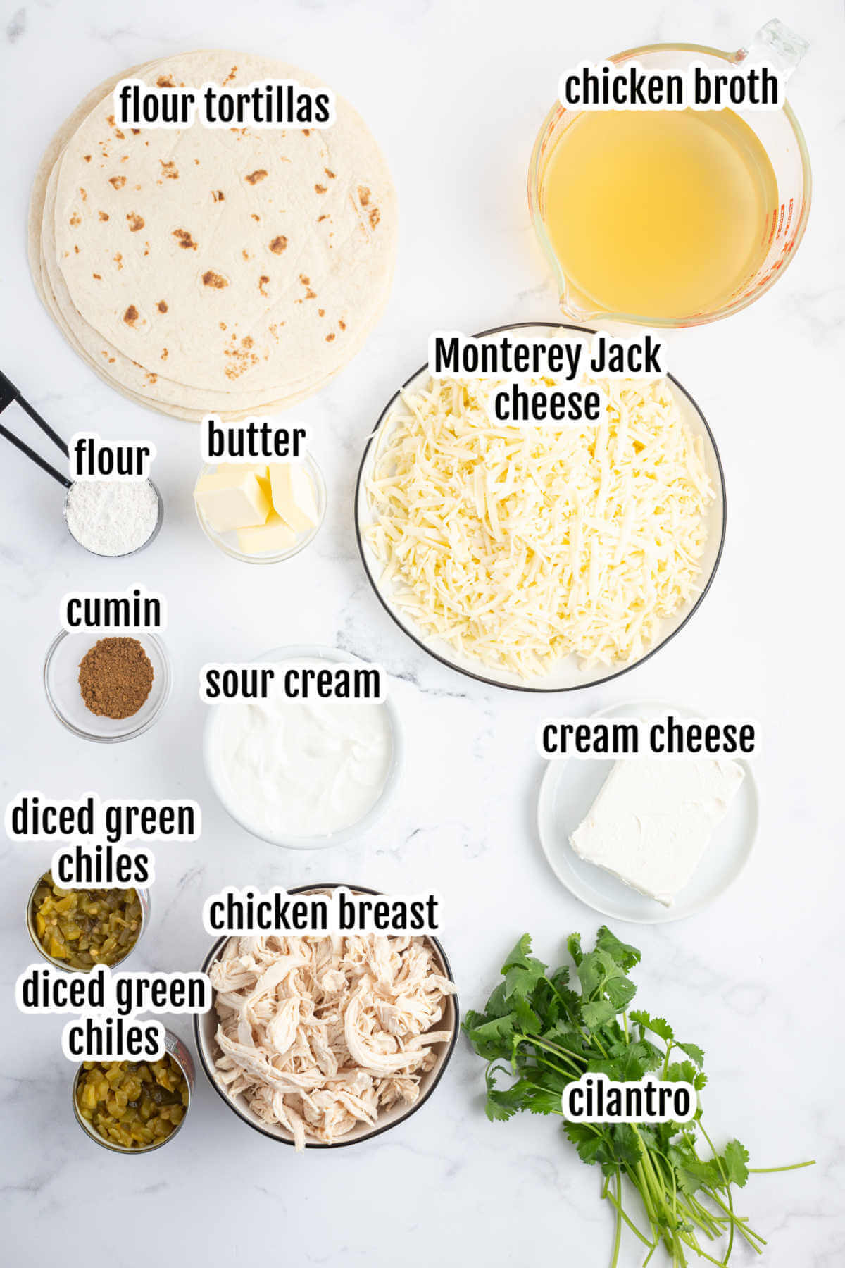 Image of the ingredients needed to make White Chicken Enchiladas recipe. 
