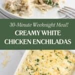 A Pinterest share collage with a title overlay features the chicken enchilada in a casserole dish and a plate.