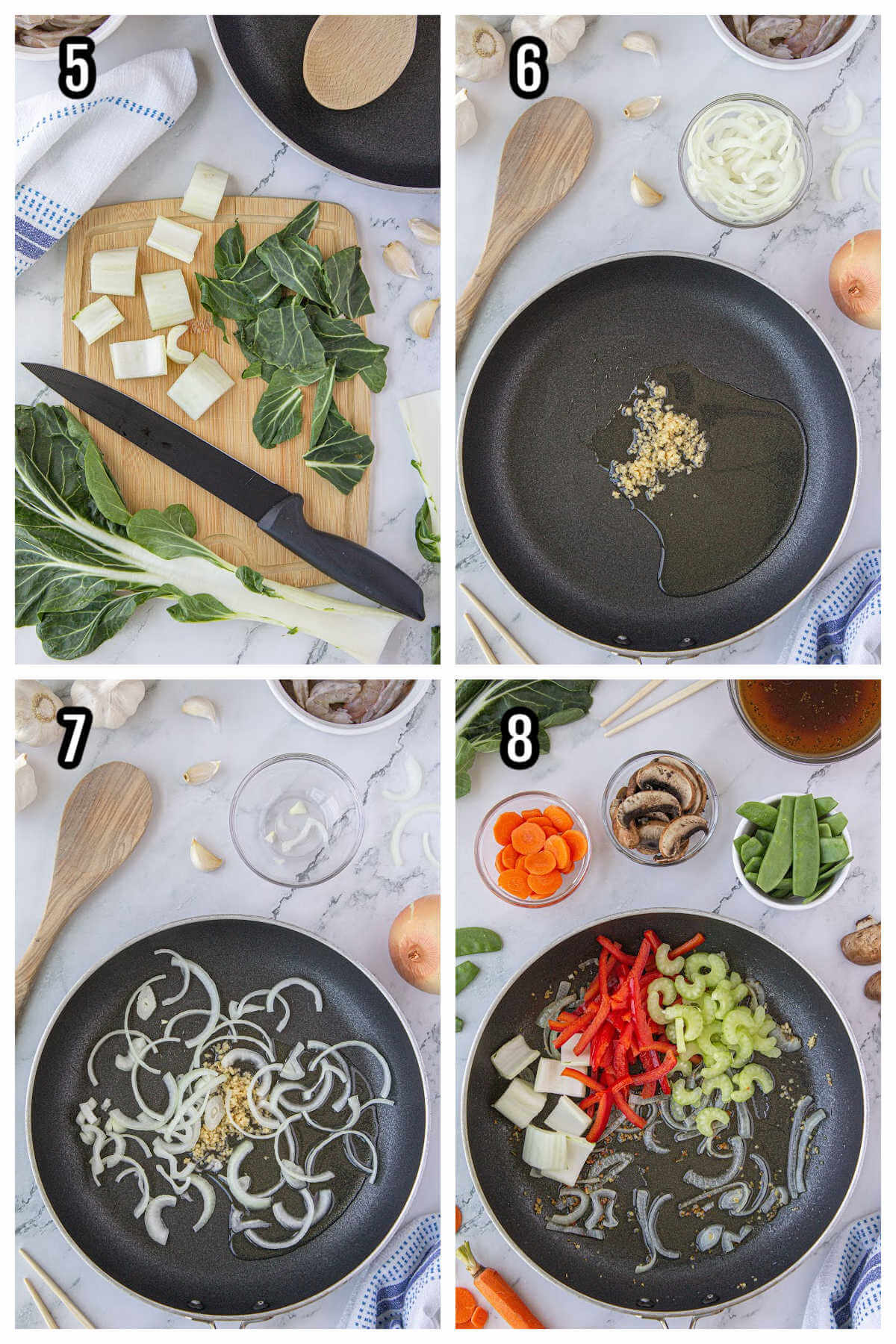 Collage of steps five to eight for making the chop suey recipe with shrimp. 