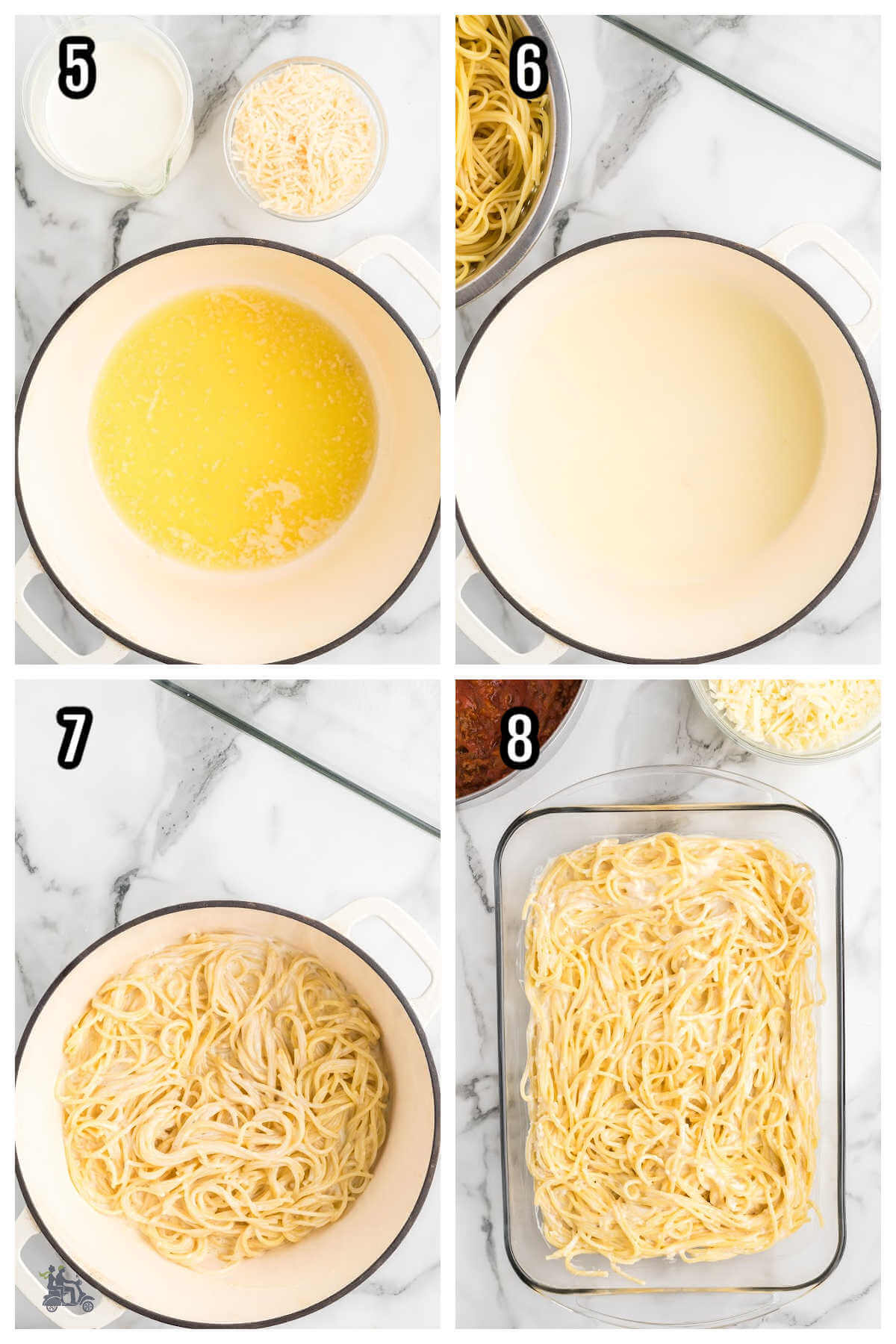 Collage of the second four set of steps to making the Million Dollar Spaghetti. 