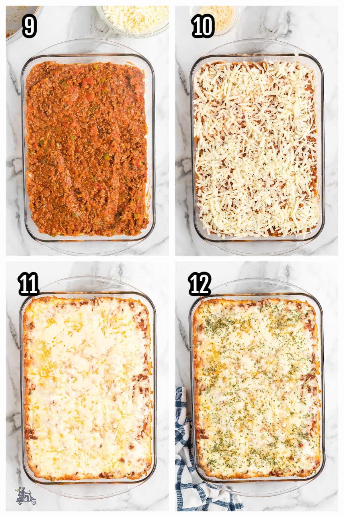 Collage of the third and final set of four steps to finishing the Million Dollar Spaghetti recipe. 