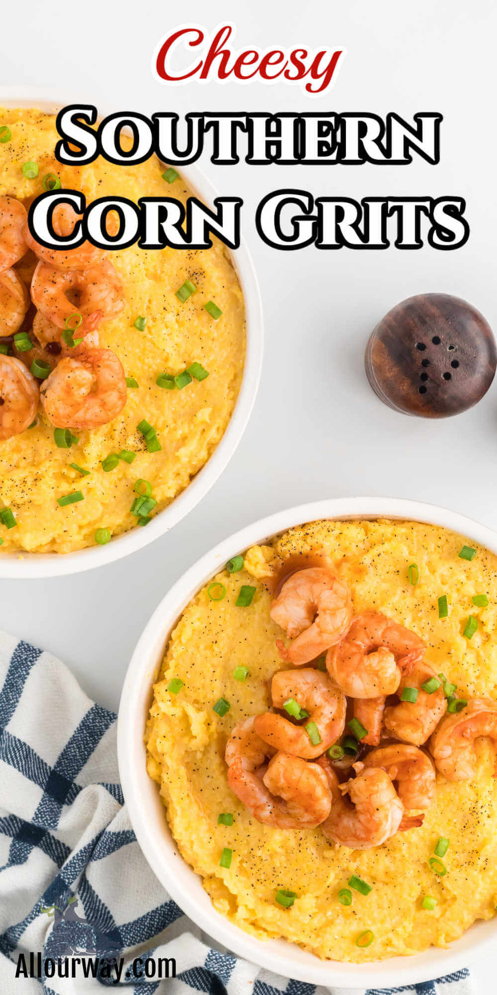 Pinterest image with title overlay featuring BBQd shrimp over Southern Style Cheesy Corn grits.