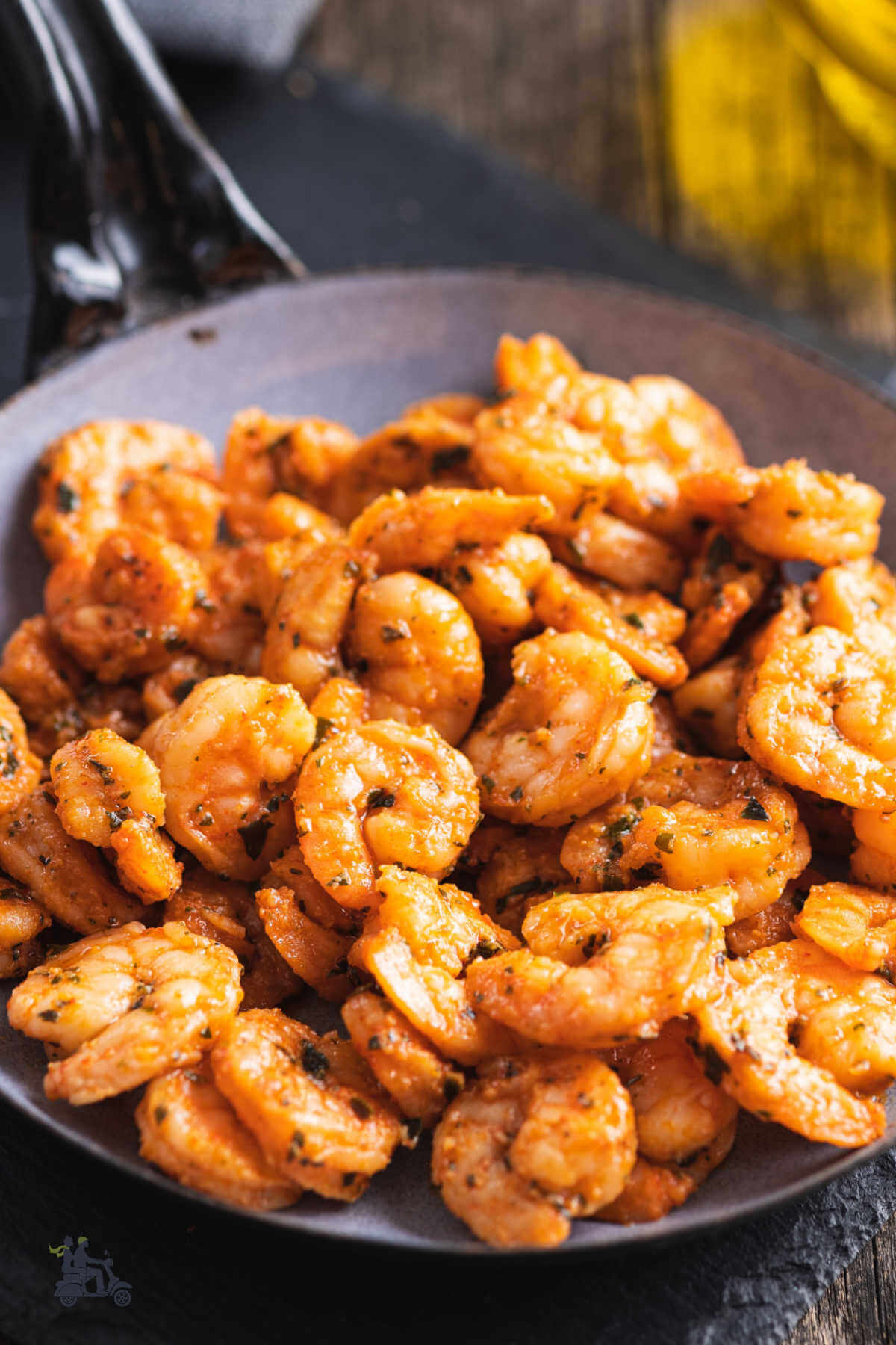 Close up of Barbecue Prawns in the skillet with sauce. 