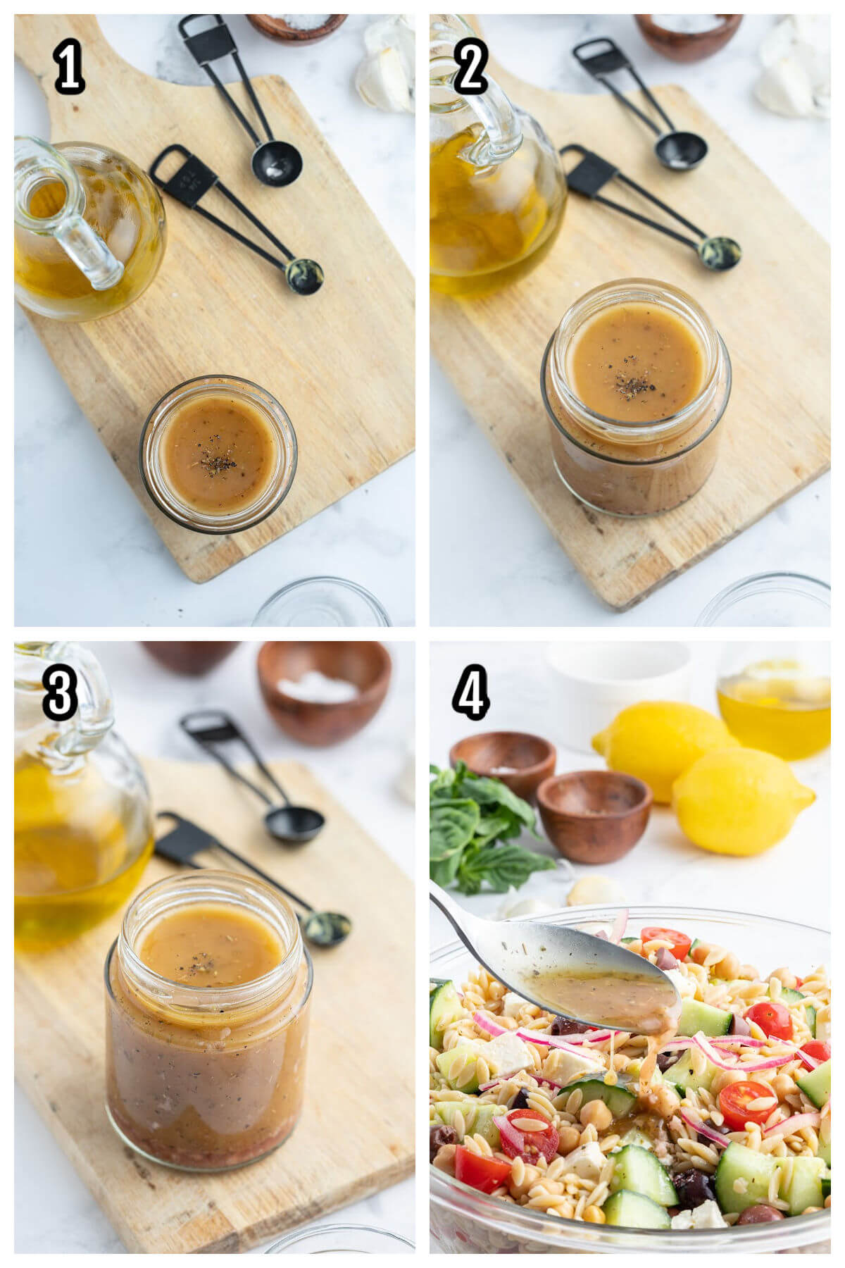 Collage of the four steps it takes to make the Greek Salad Dressing Vinaigrette. 