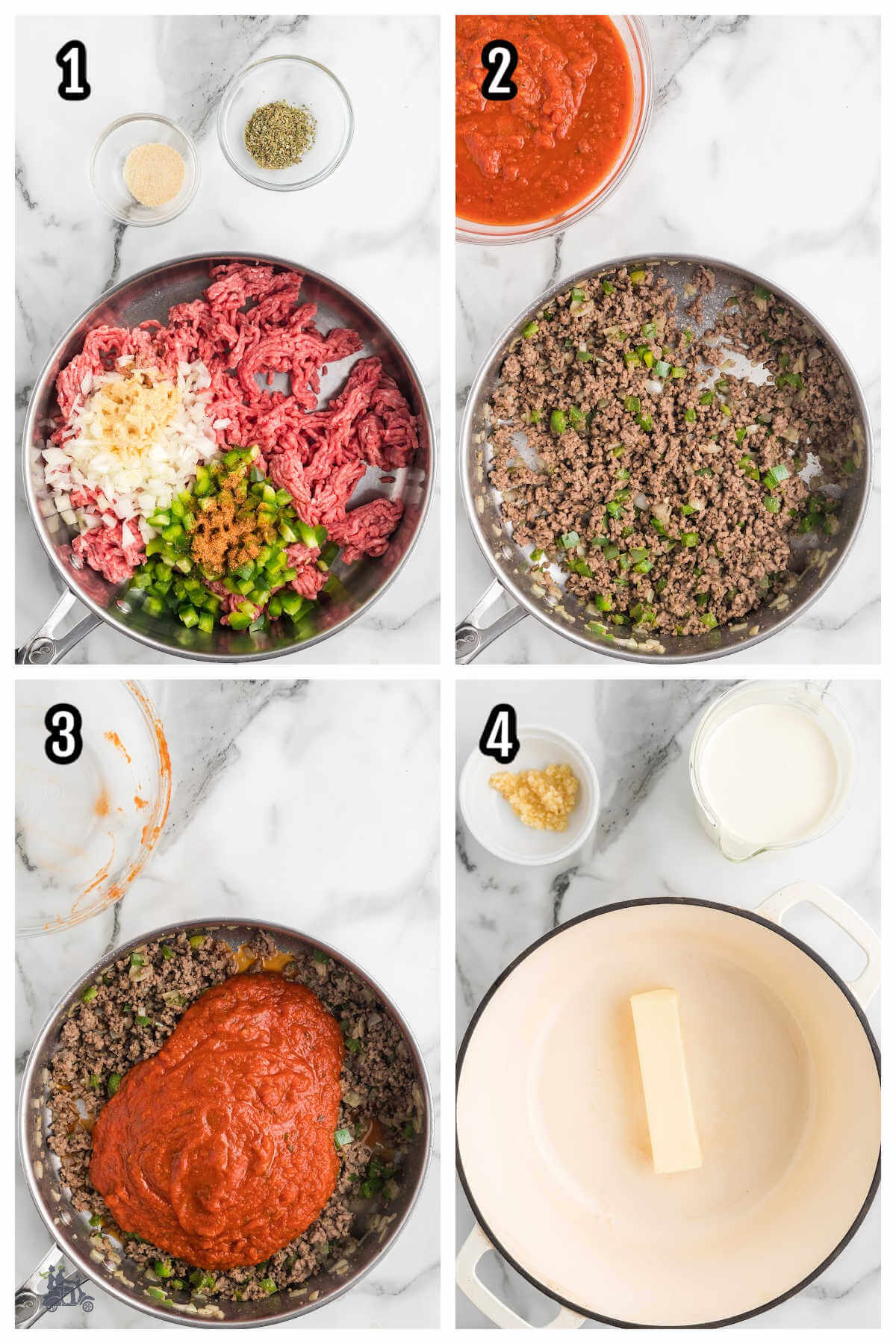 Collage of the first four steps to making the Spaghetti Alfredo Tik Tok version. 