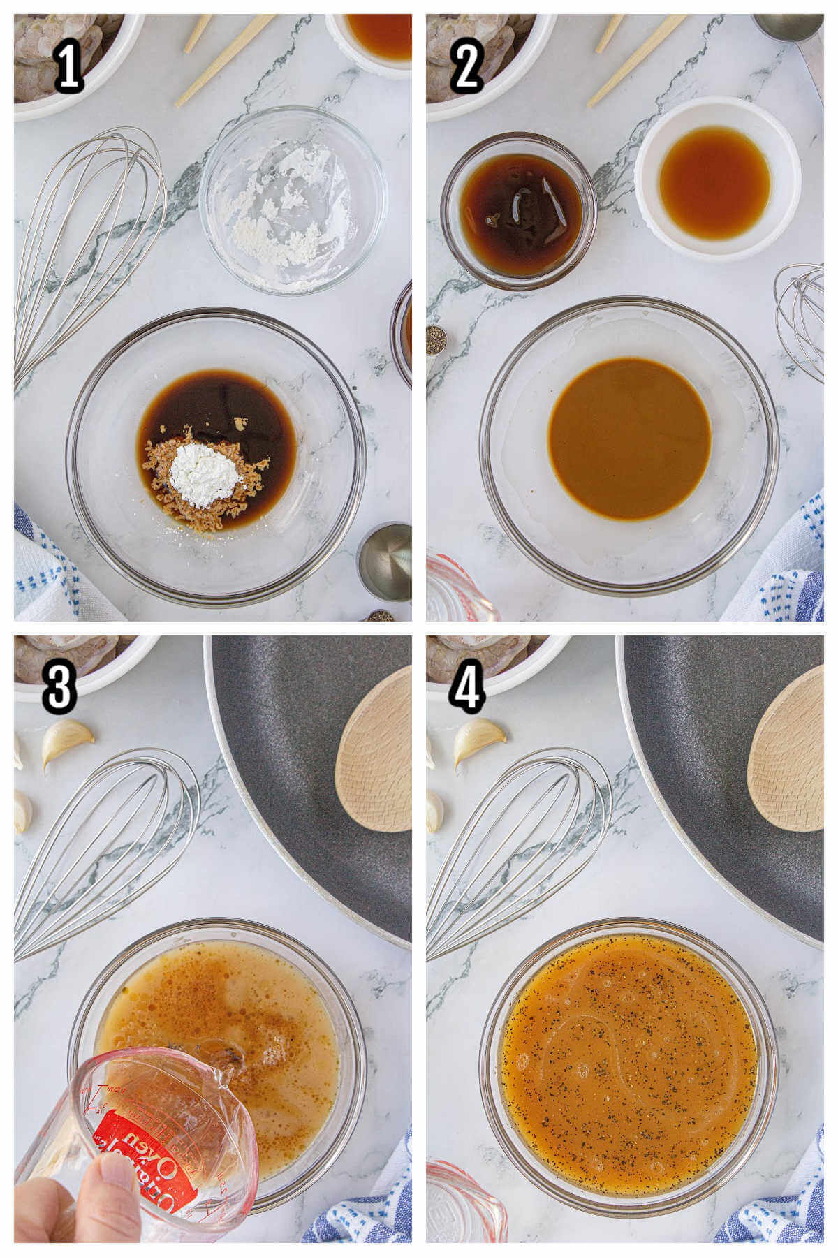 Collage of the four steps to making the sauce for the Chop Suey with prawns. 