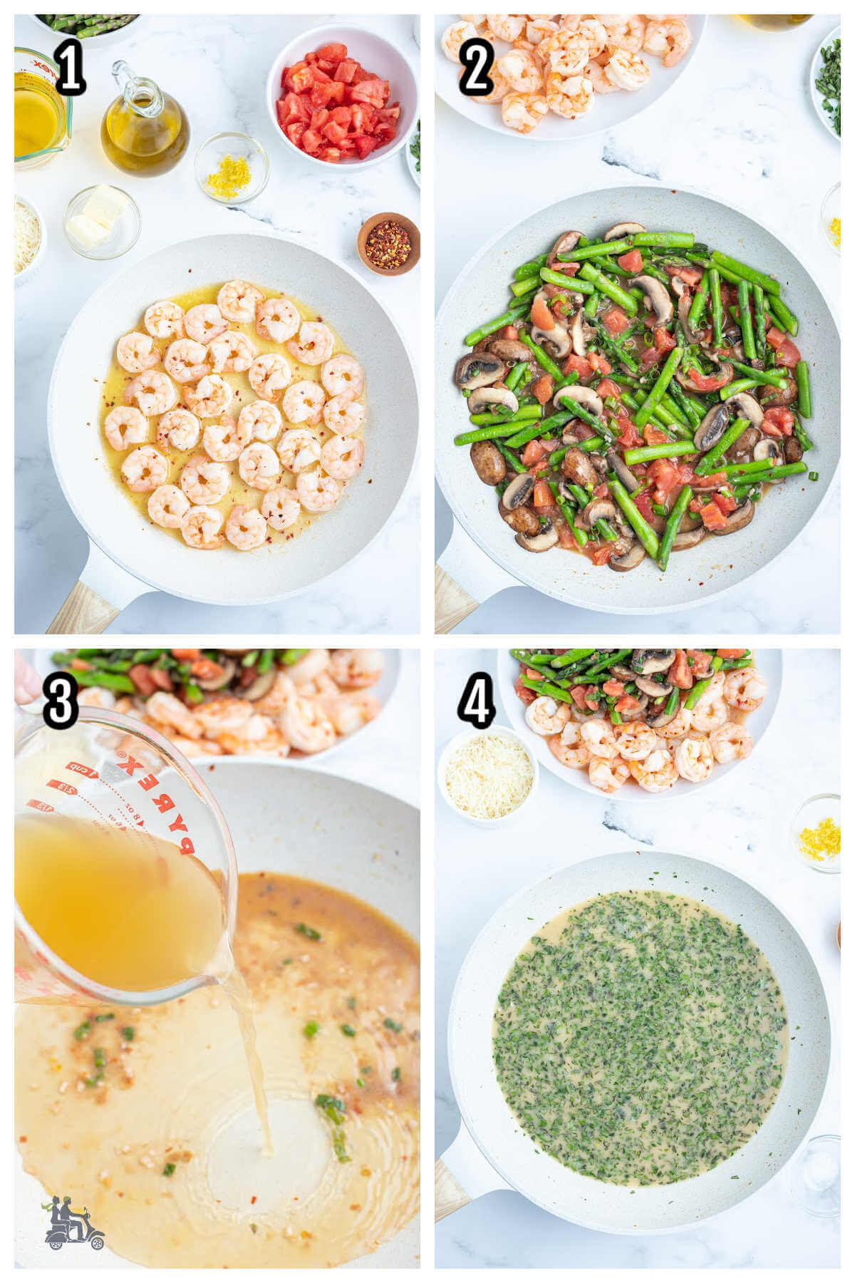 Collage of the first four steps to making the Pasta Primavera recipe. 