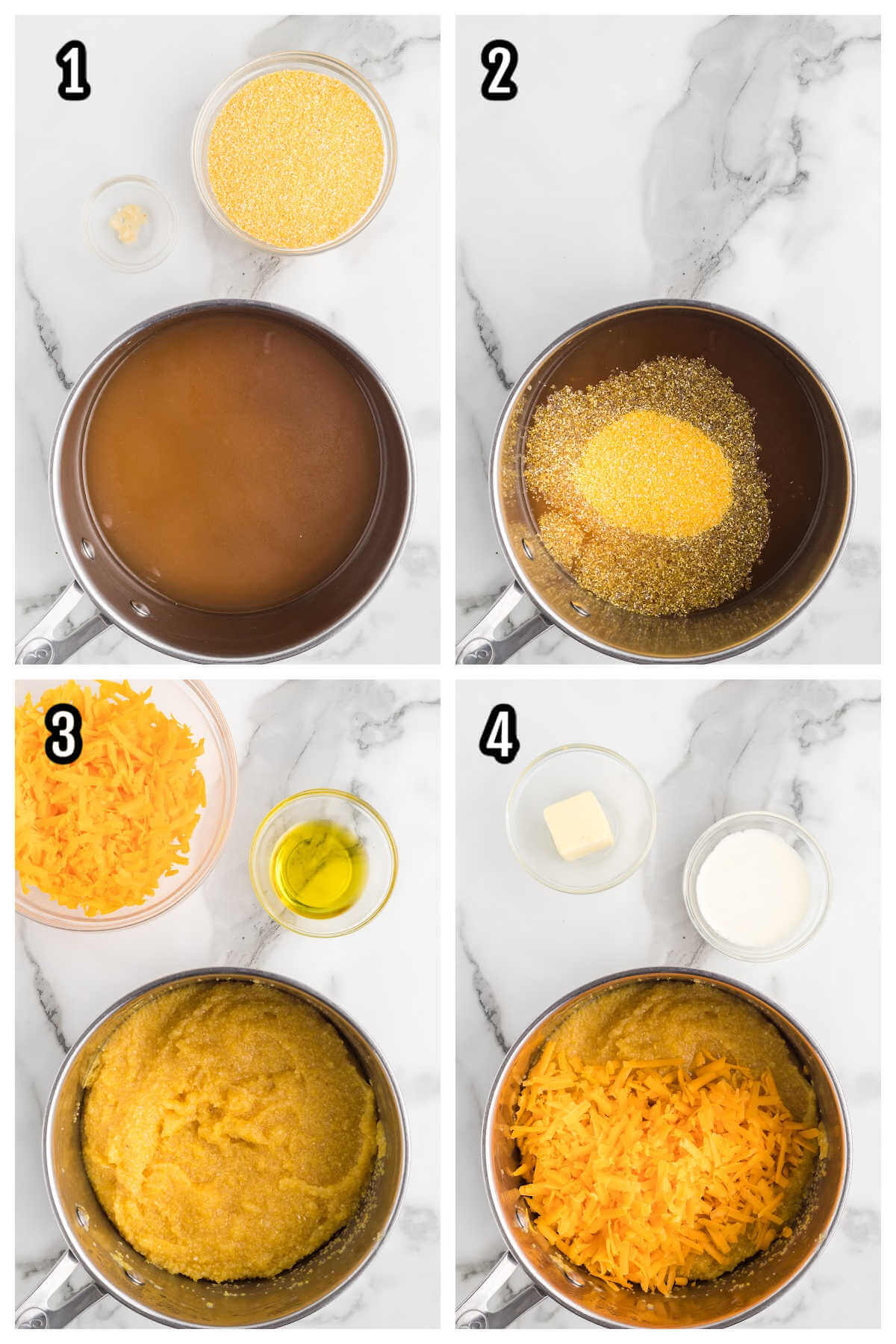 Image of the first four steps to making the corn grits recipe. 