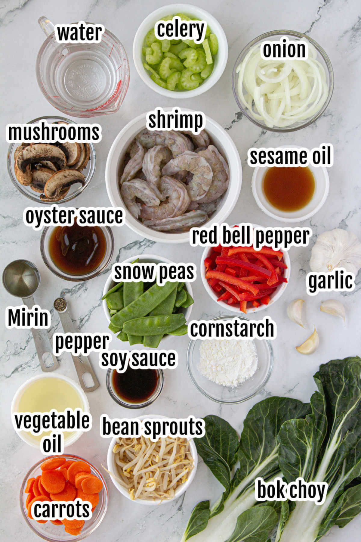 Image of the ingredients needed to make Chop Suey wit Shrimp and the traditional Asian Chop Suey sauce. 