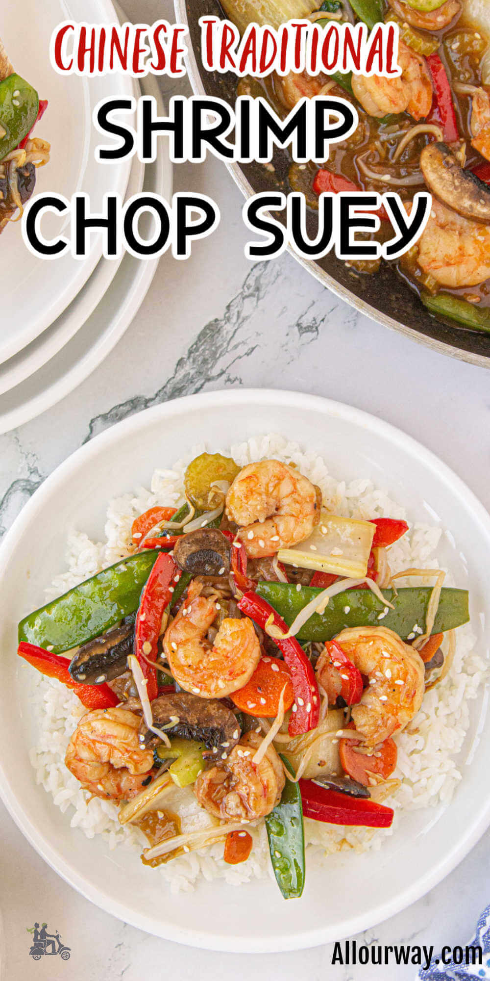 Pinterest image with title overlay for traditional Chinese Shrimp Chop Suey recipe.