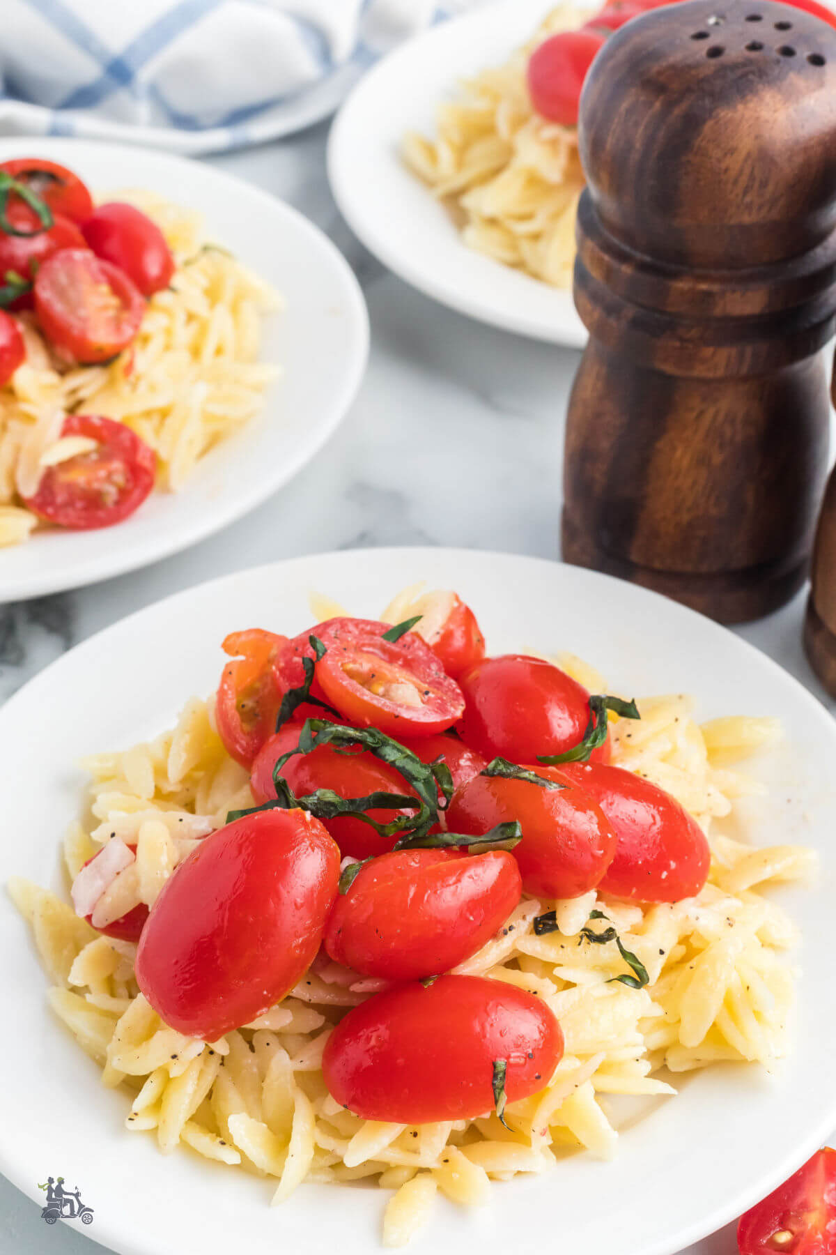 Marinated tomatoes top a white plate filled with a risotto made with creamy orzo pasta. 