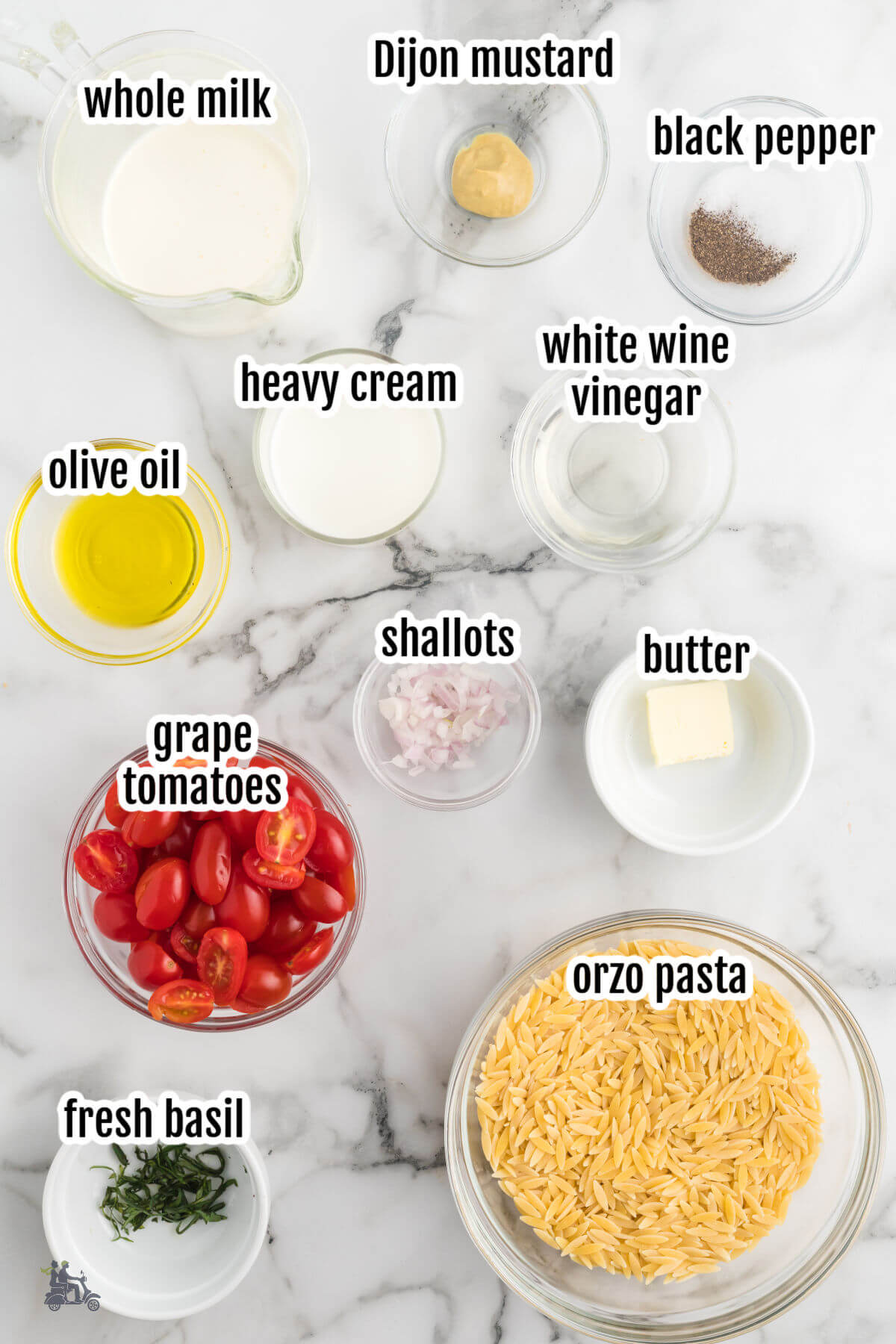 Image of ingredients needed to make the creamy orzo pasta with marinated tomatoes recipe. 