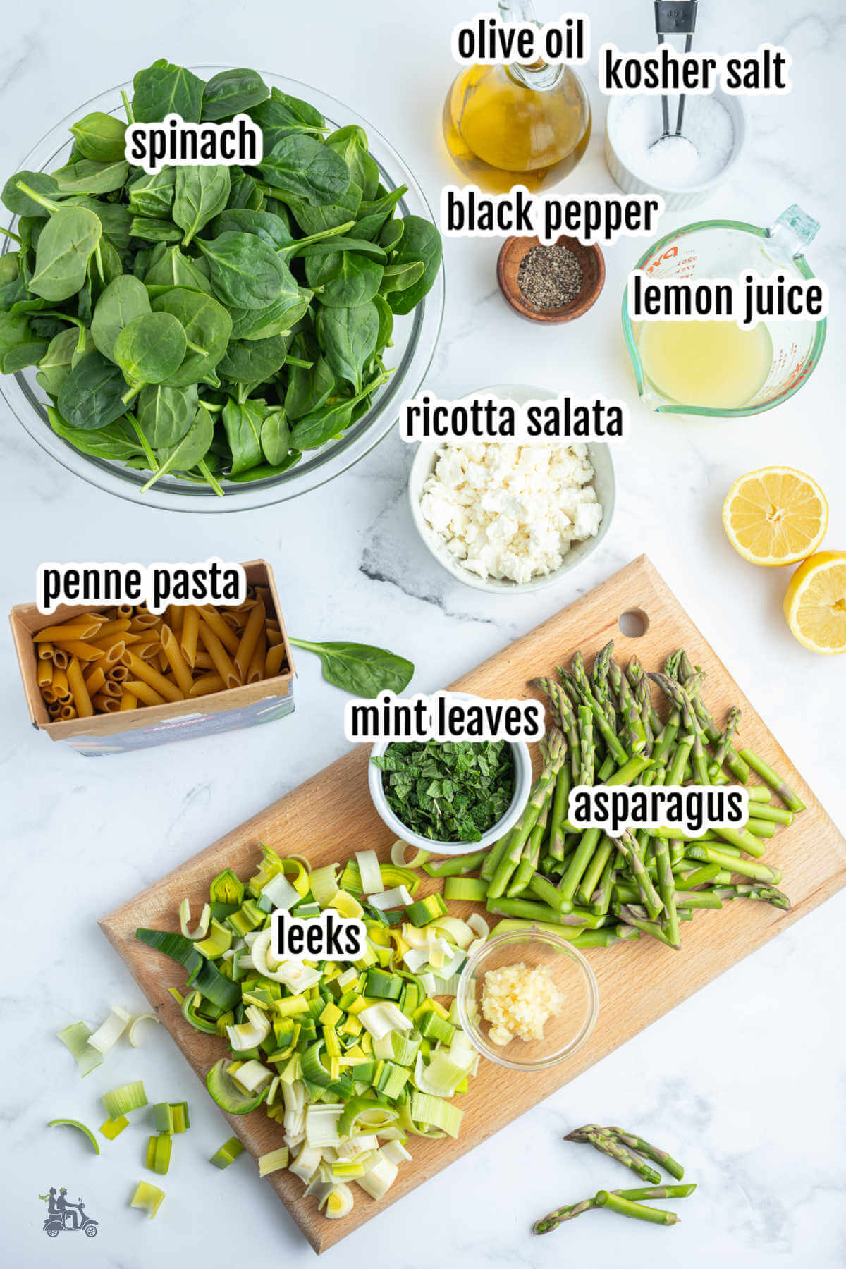 Image of the ingredients needed to make the Pasta Primavera recipe. 