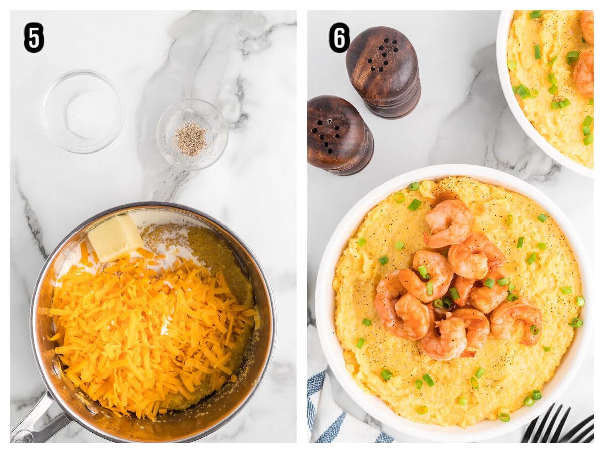 Collage of steps five and six to finishing up the corn grits recipe and adding barbecued shrimp on top. 