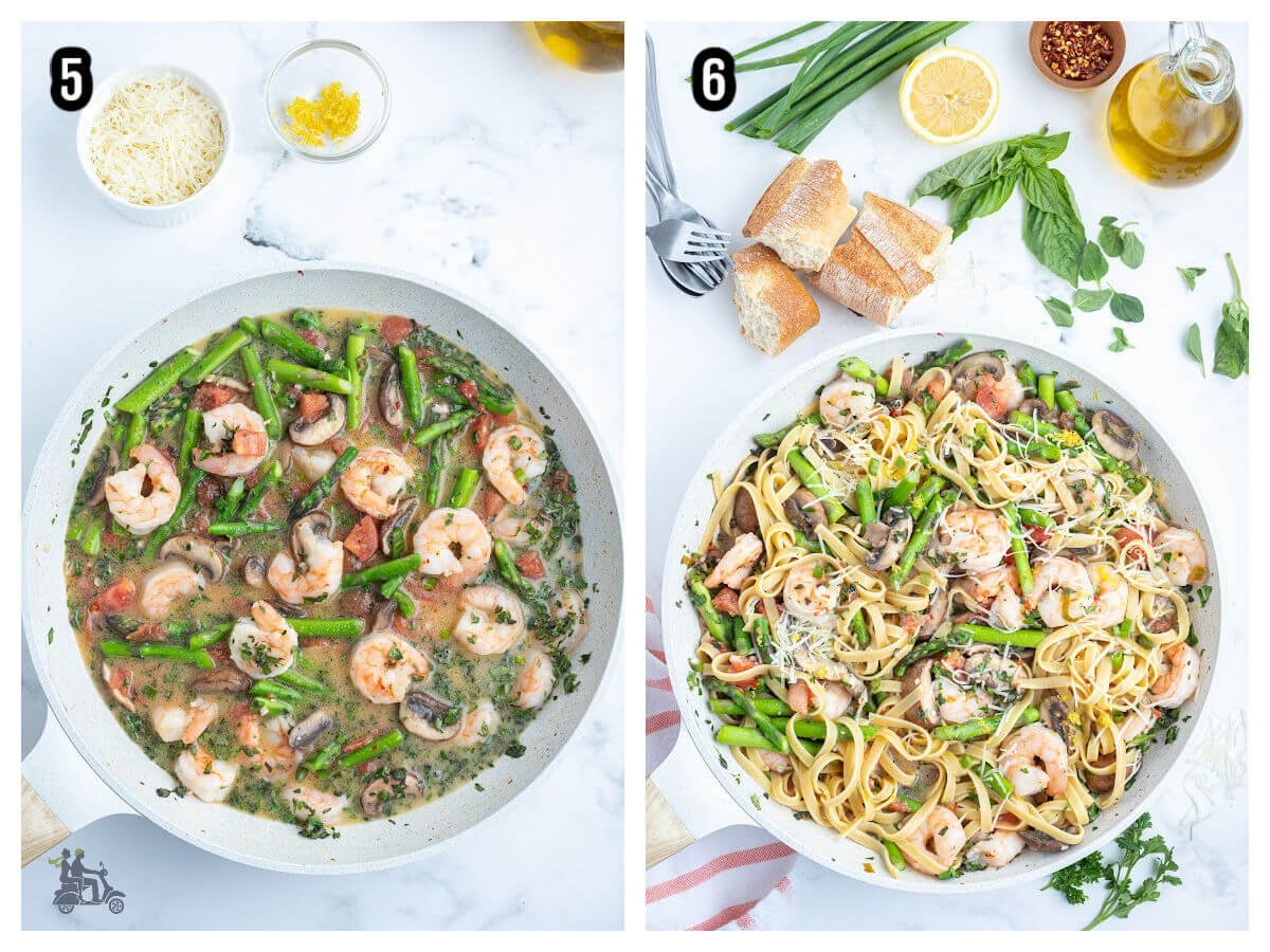 Collage of the final two steps to making the recipe for pasta primavera with shrimp. 