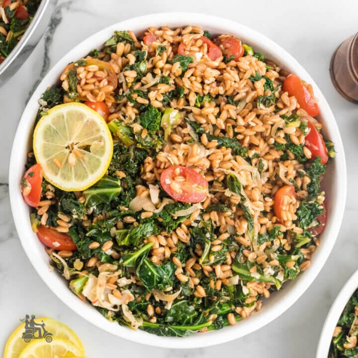 Warm Mediterranean Farro Salad With Kale and Lemon Vinaigrette