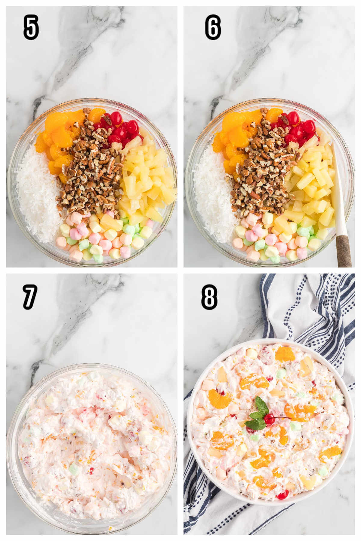 Collage of the last four steps to making the Marshmallow fruit salad with Cool Whip. 