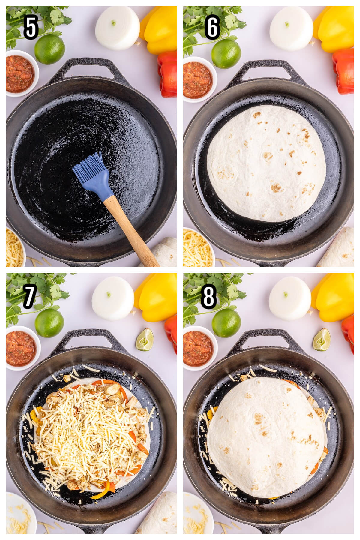 Collage of the second set of four steps to making the fajita quesadillas with cheese. 