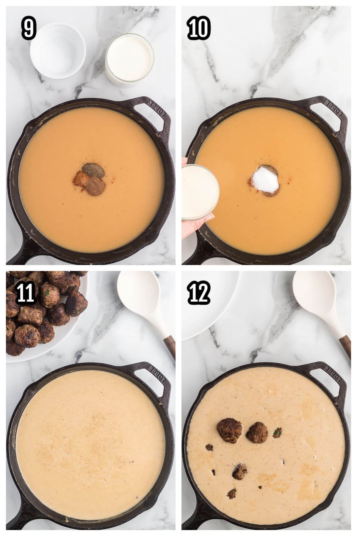 Collage of the final four steps to making the Swedish gravy with Meatballs in an iron skillet. 