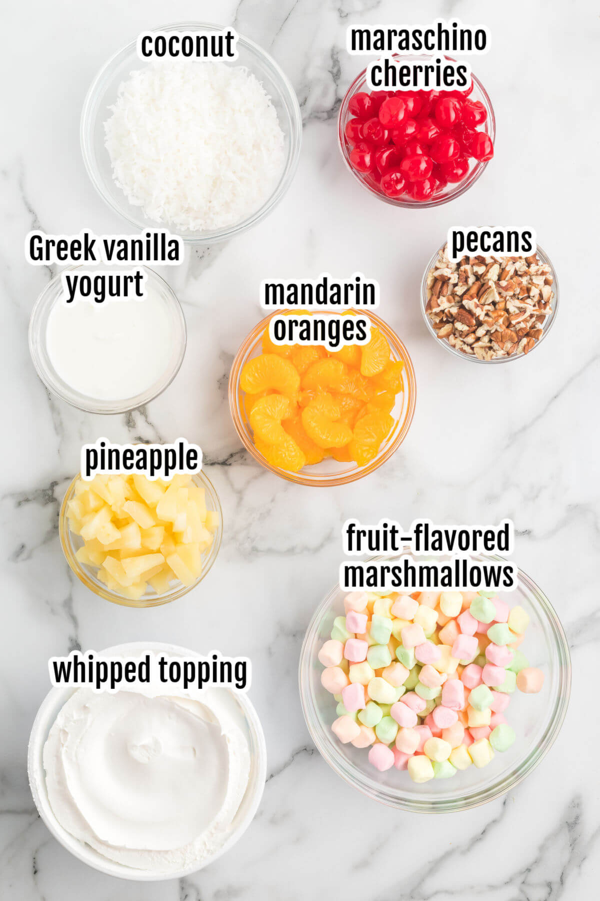Image of the ingredients needed to make the ambrosia fruit salad recipe with marshmallows. 